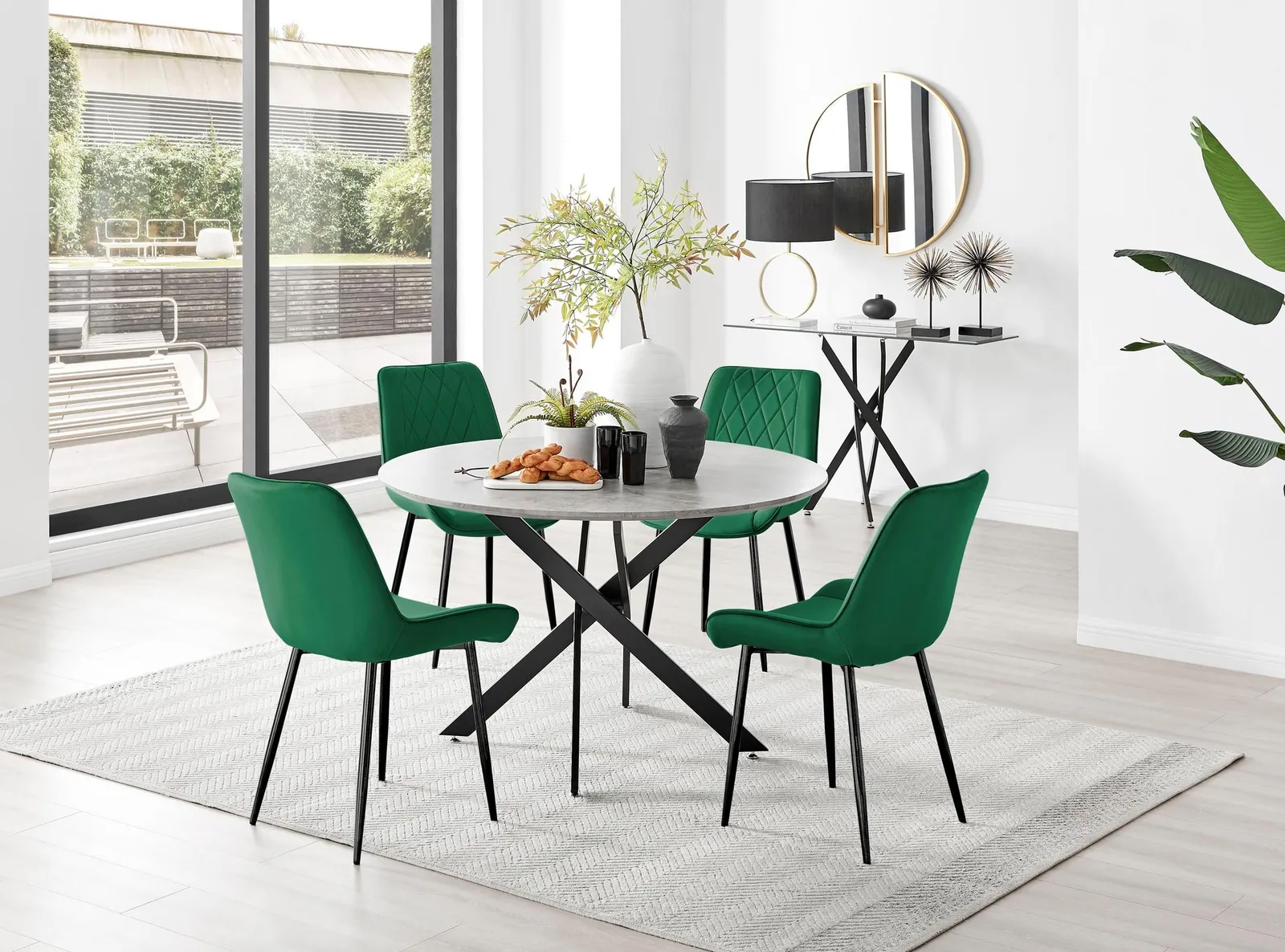 FurnitureboxUK Novara Grey Concrete Effect Black Leg 120cm Round Dining Table & 4 Pesaro Black Leg Chairs in Green 1
