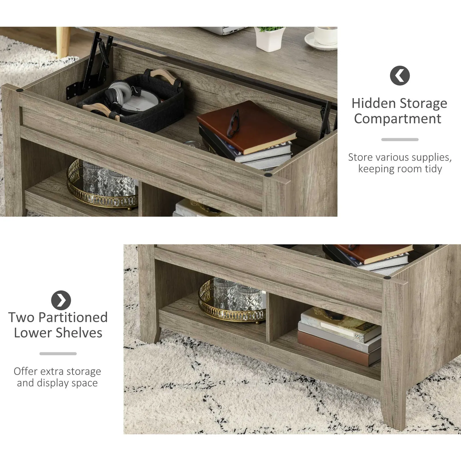 HOMCOM Lift Top Coffee Table with Hidden Storage Compartment Open Shelf in Brown 6
