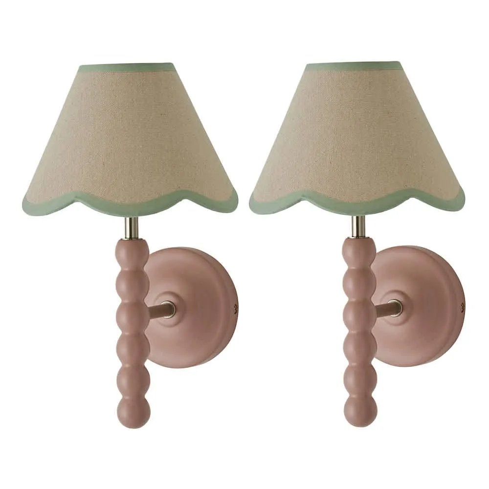 ValueLights Bobbins Pair Pink Bobble Wall Lights & Linen Pastel Trim Lamp Shades in Pale Green 1