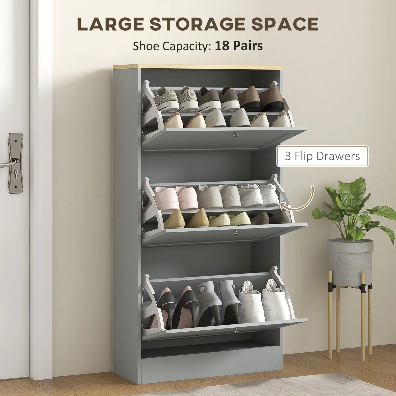 HOMCOM Narrow Shoe Cabinet with 3 Flip Drawers for 12-18 Pairs of Shoes Grey 4