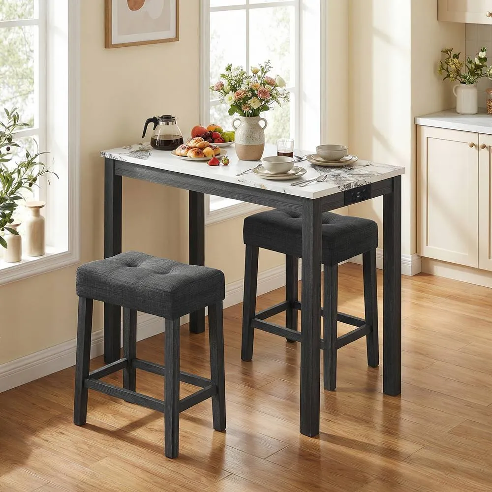 Costway 3PCS Bar Table Set w/ Charging Station Modern Pub Table w/ 2 Stools in White 3