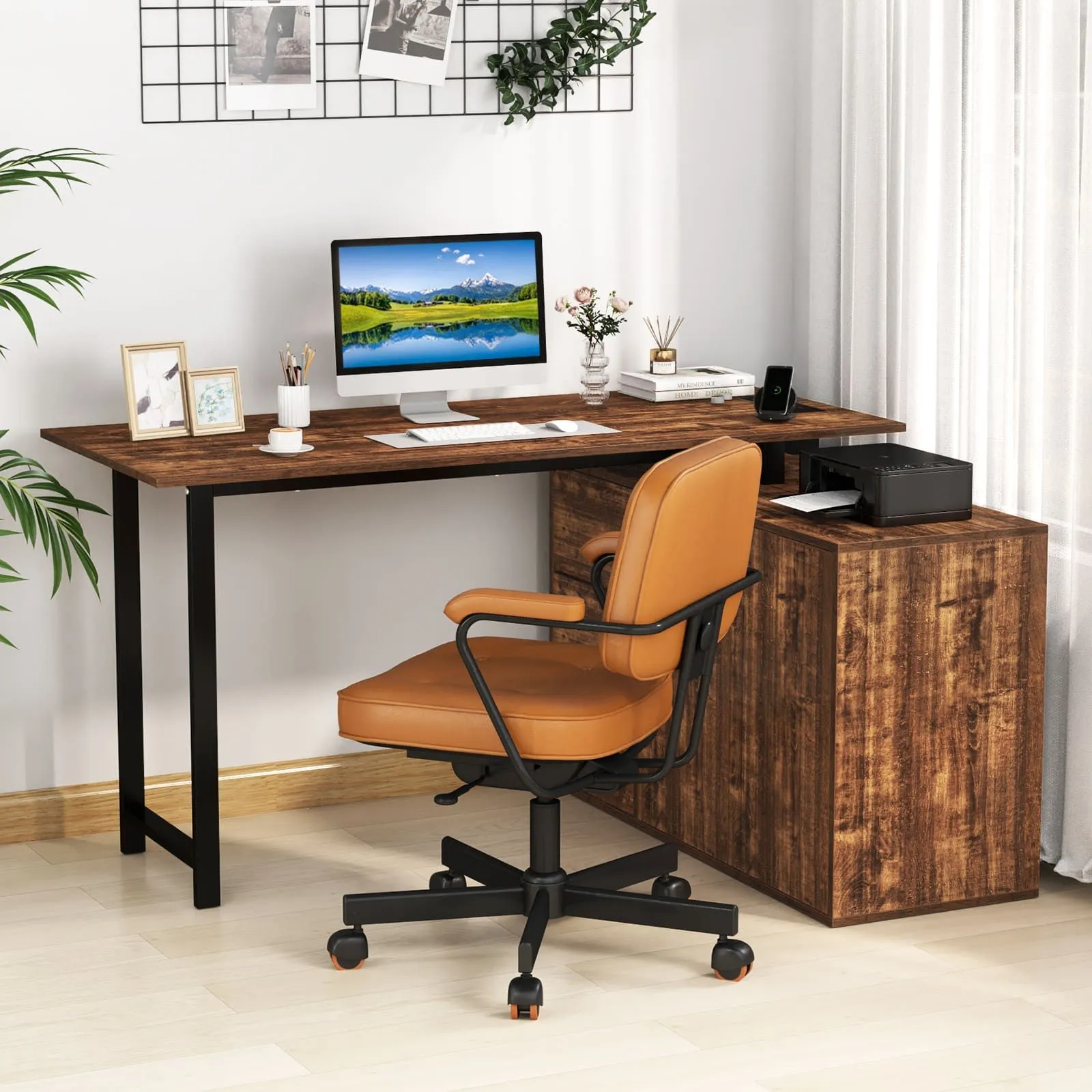 Costway L-Shaped Desk 138 cm Reversible Corner Computer Desk-Coffee in Brown 3