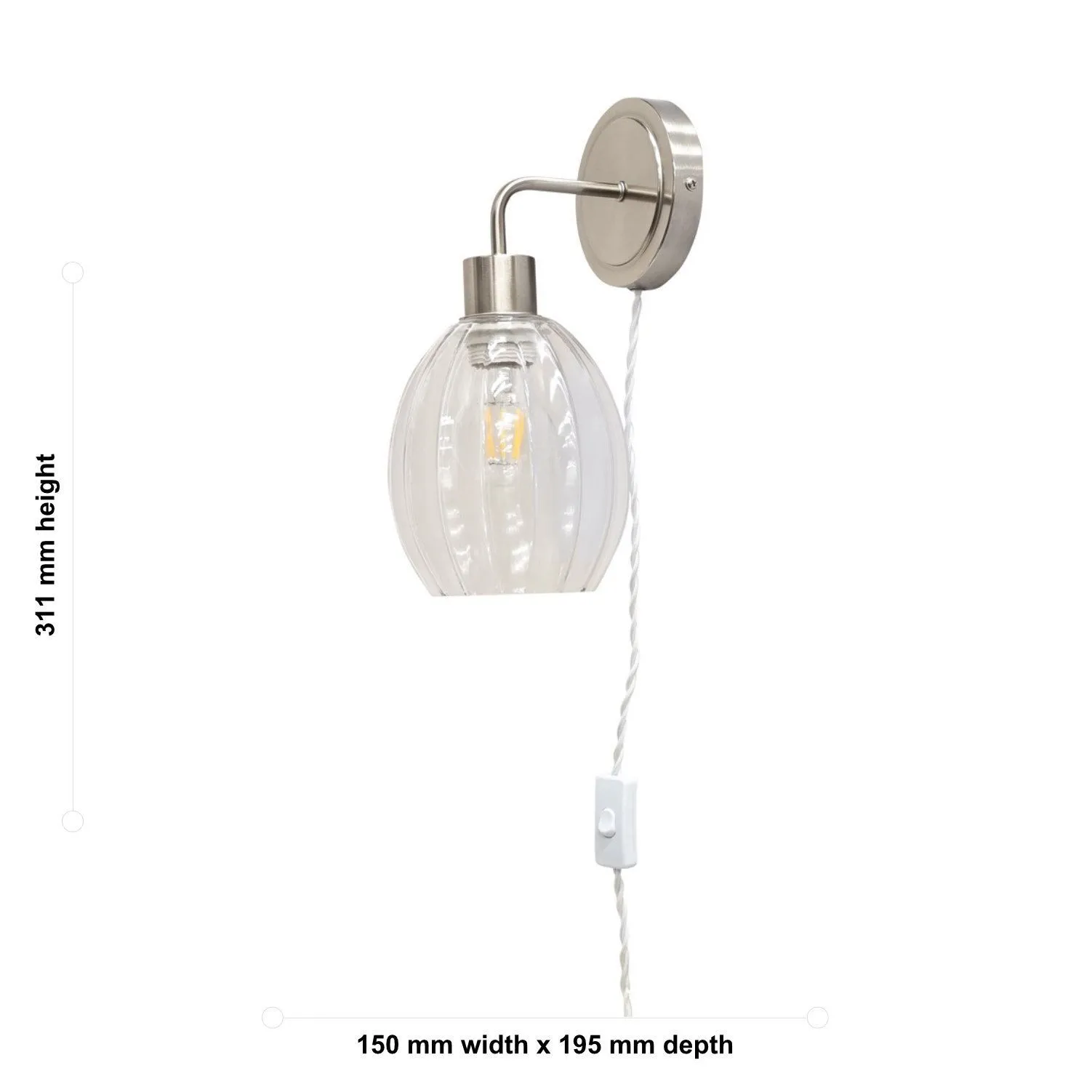 First Choice Lighting Set of 2 Toby - Satin Nickel Plug in Wall Lights Fluted Shades in Silver 6