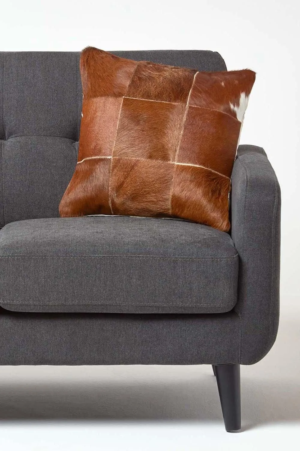 Homescapes Beige Real Leather & Goat Hair Large Check Cushion with Feather Filling 4
