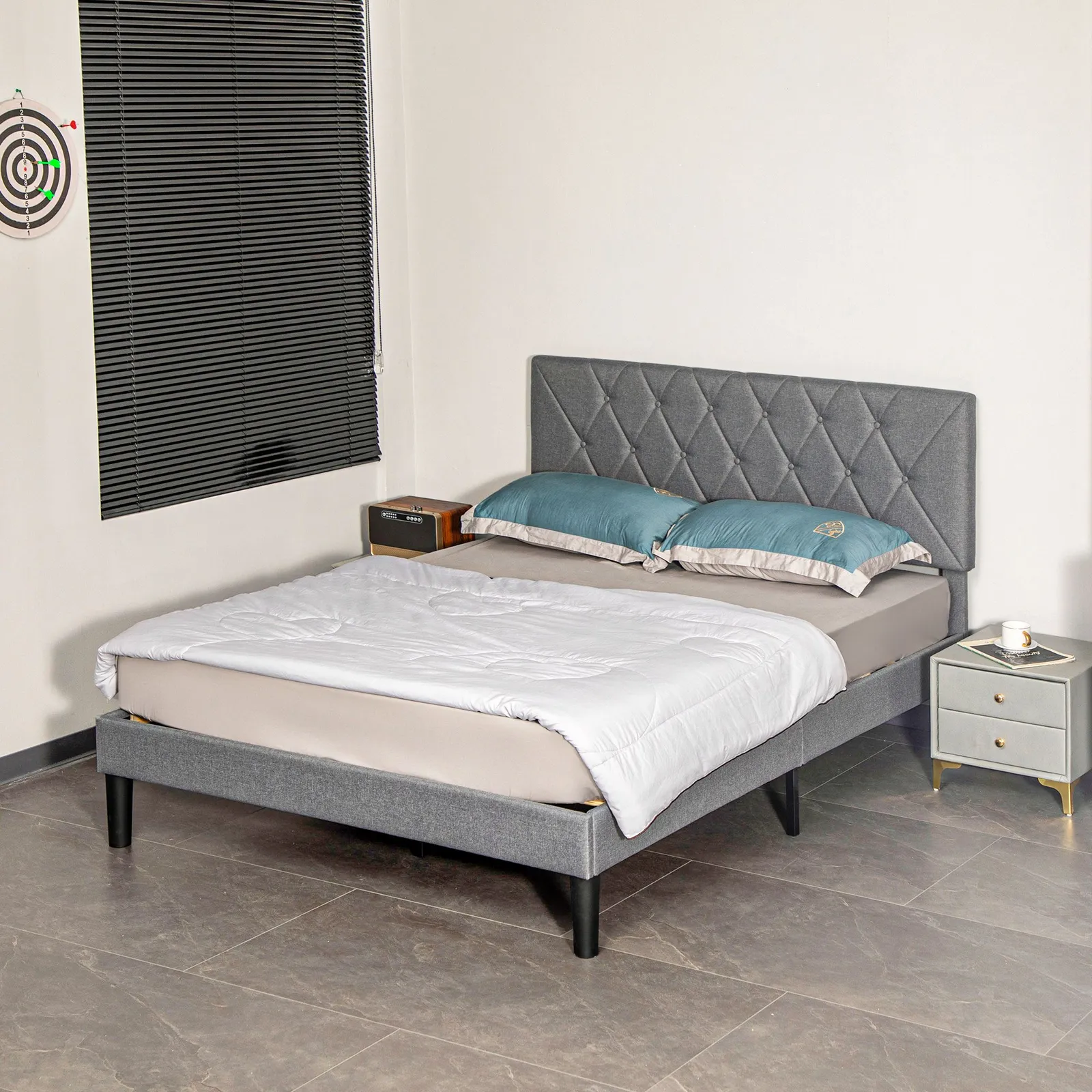 HOMCOM Linen Bed Frame with 5-Level Headboard, Wooden Slats Mattress Foundation in Grey
