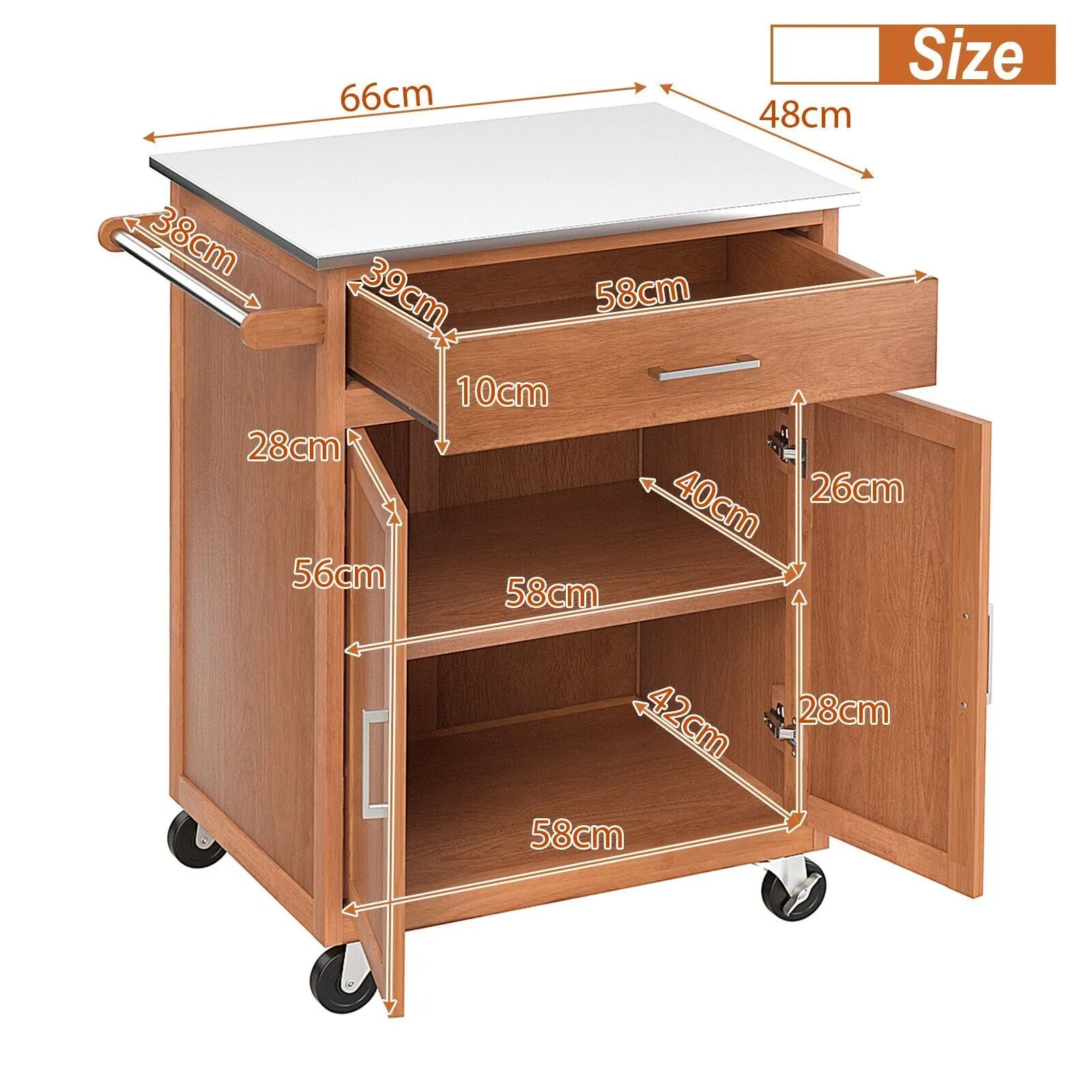 Costway Kitchen Island Rolling Storage Cabinet Trolley Cart Stainless Steel Countertop in Light Oak 2