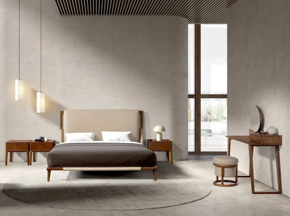 Angel Cerda Mink Leatherette Double Bed with Walnut-Coloured in Beige 4