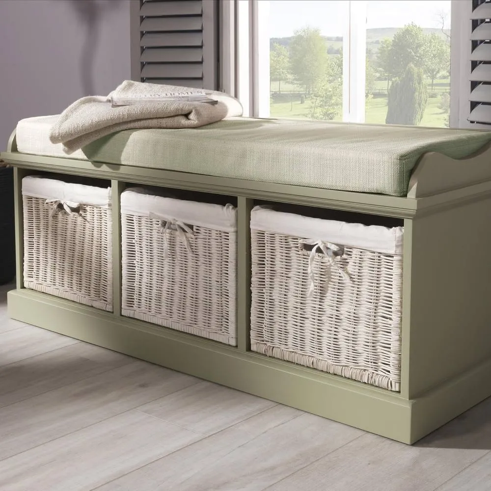 Statement Furniture Tetbury Bench with 3 White Wicker Baskets & Cream Cushion in Light Green 1