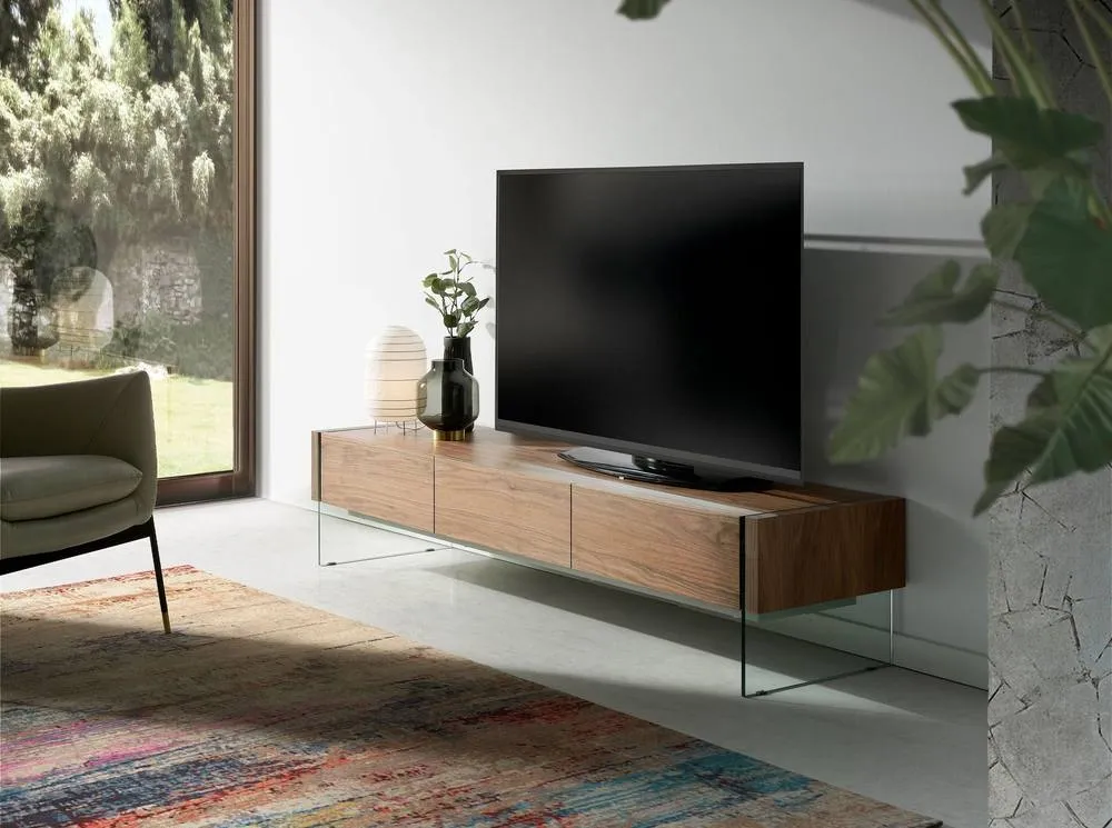 Angel Cerda Walnut TV Stand with Tempered Glass Legs & 3 in Brown 3