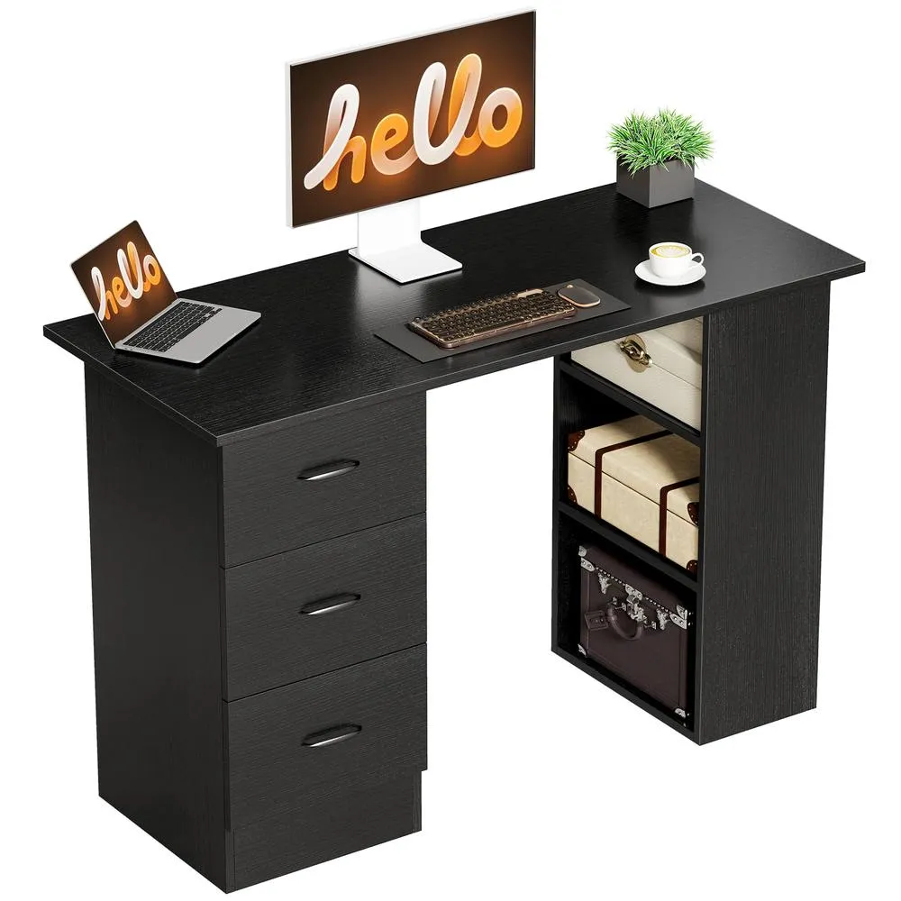 HOMCOM 120cm PC Table Workstation Computer Desk w/ Drawers, 3 Shelves Black 2