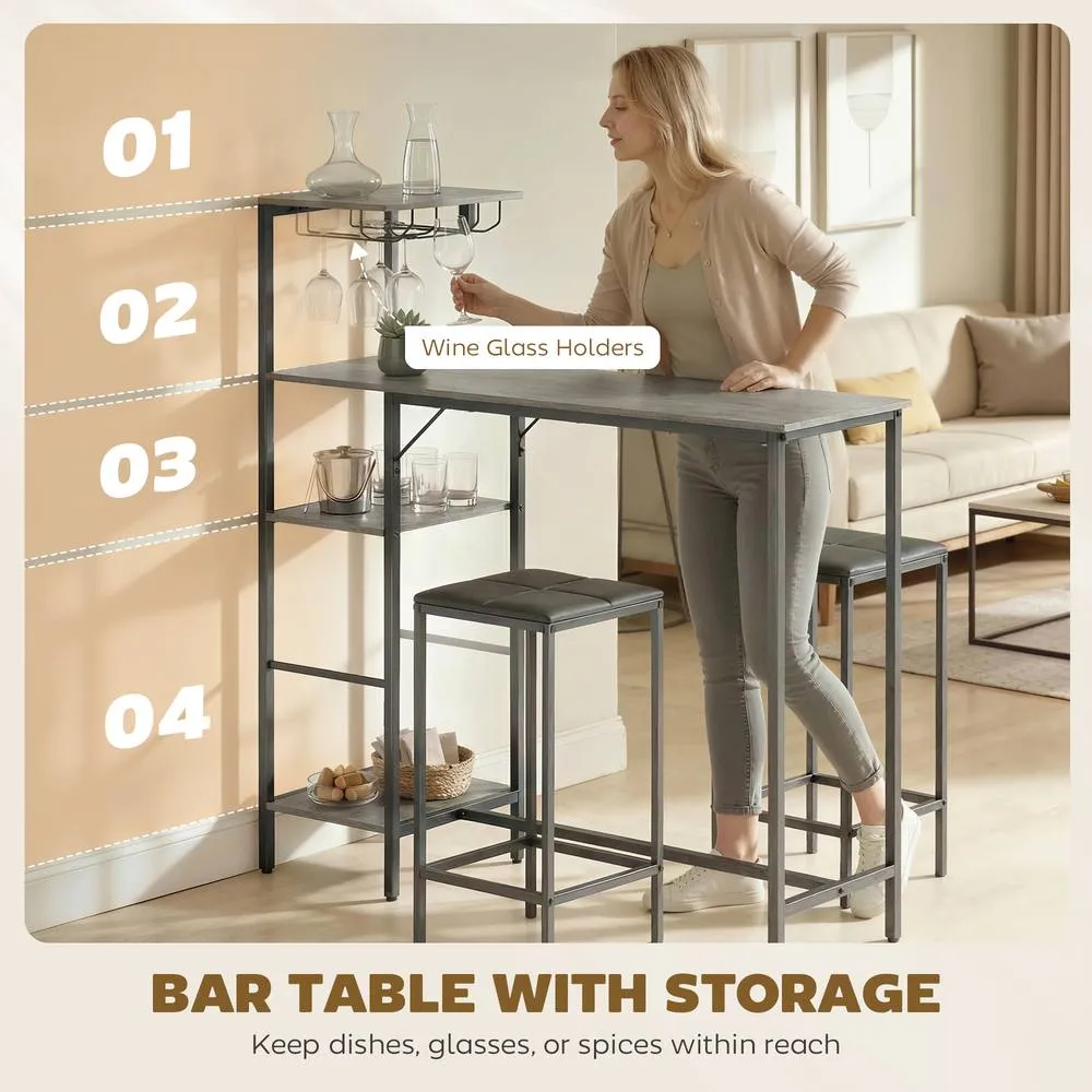 HOMCOM 3Pcs Breakfast Bar Table & Stools Set 4-tier shelving in Grey 5
