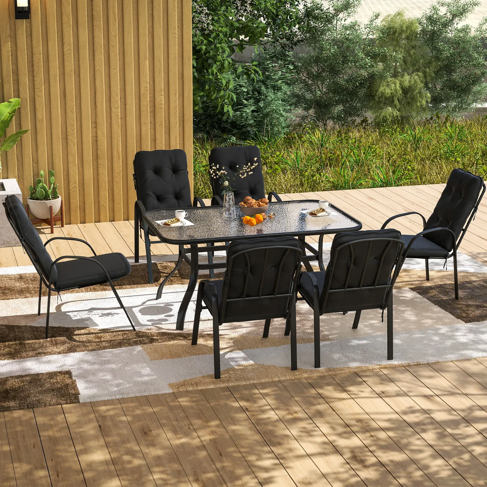 OUTSUNNY 7 PCs Garden Dining Set w/ Umbrella Hole & Cushion, Black
