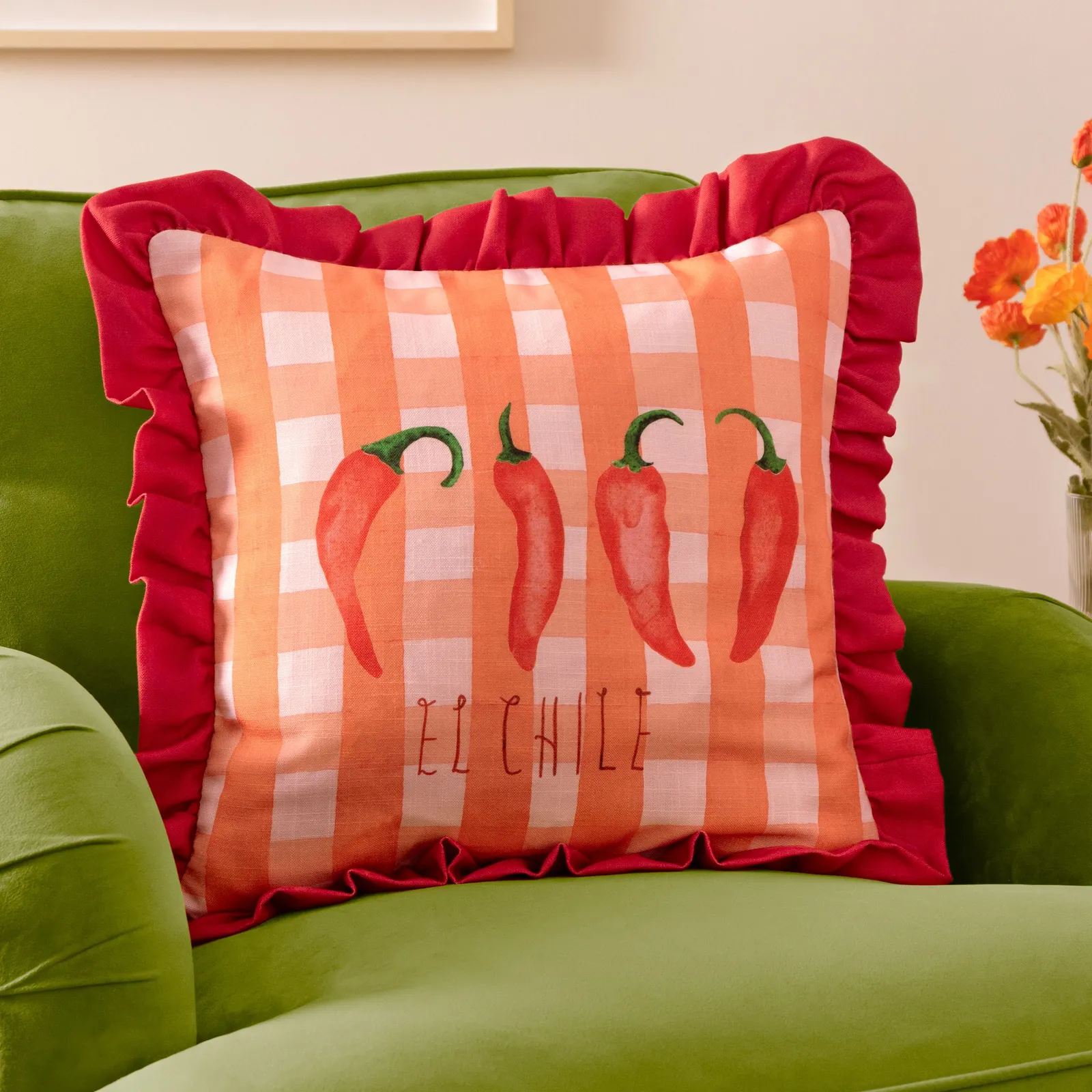 Furn Gingham Chilli Printed Ruffle Cushion in Red
