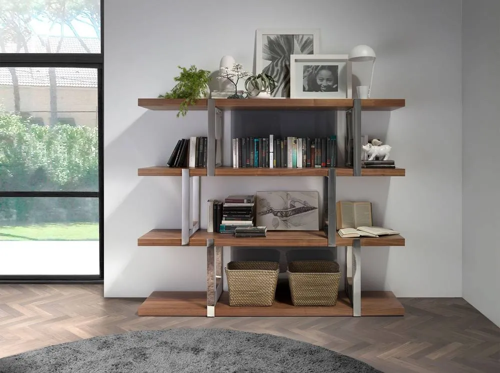 Angel Cerda Walnut Bookcase with Black Glass Dividers Model in Brown 3