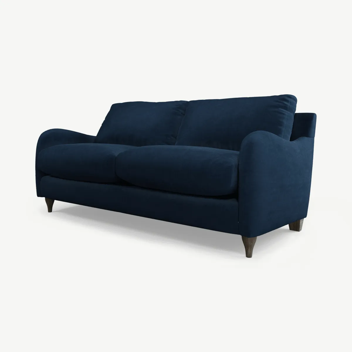 Sofia 2 Seater Sofa, Plush Indigo Velvet Fabric with Light Wood Legs