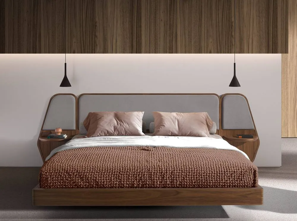 Angel Cerda Walnut Veneer Double Bed with Grey Fabric Headboard 3