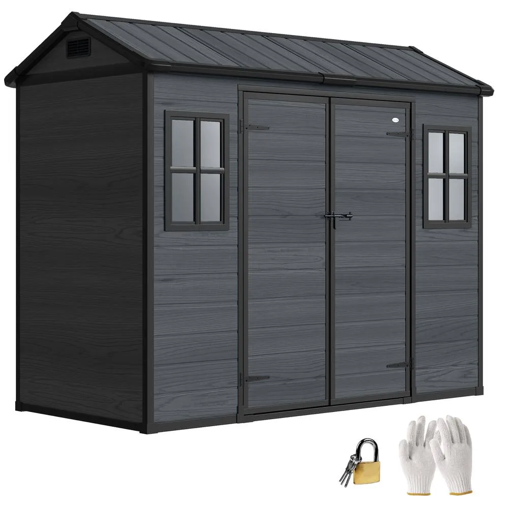 OUTSUNNY 8 x 4 ft Resin Garden Shed with Floor, Lockable Doors in Dark Grey 1