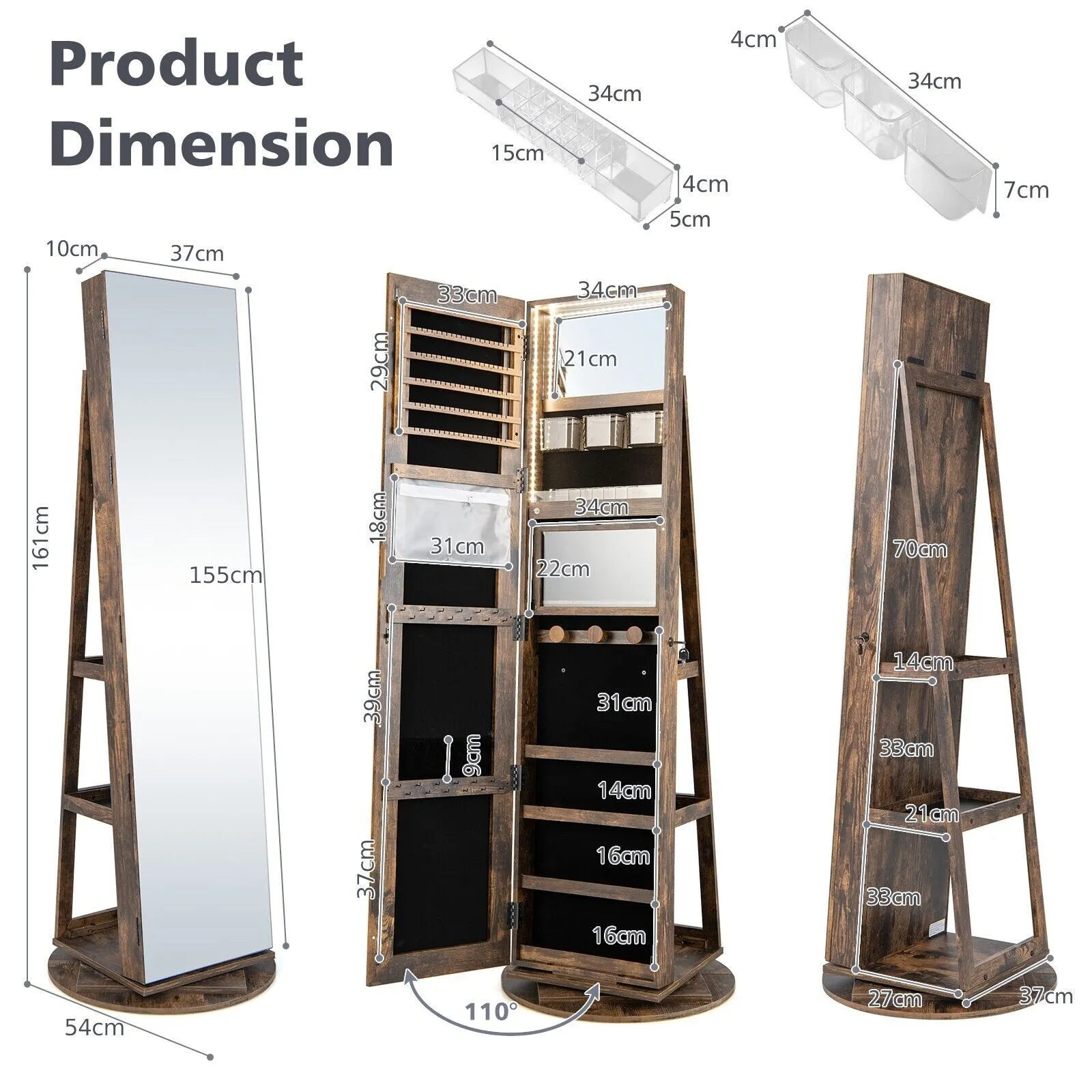 Costway Rotating Jewelry Armoire Freestanding Jewelry Cabinet w/ Full Length Mirror in Brown 2