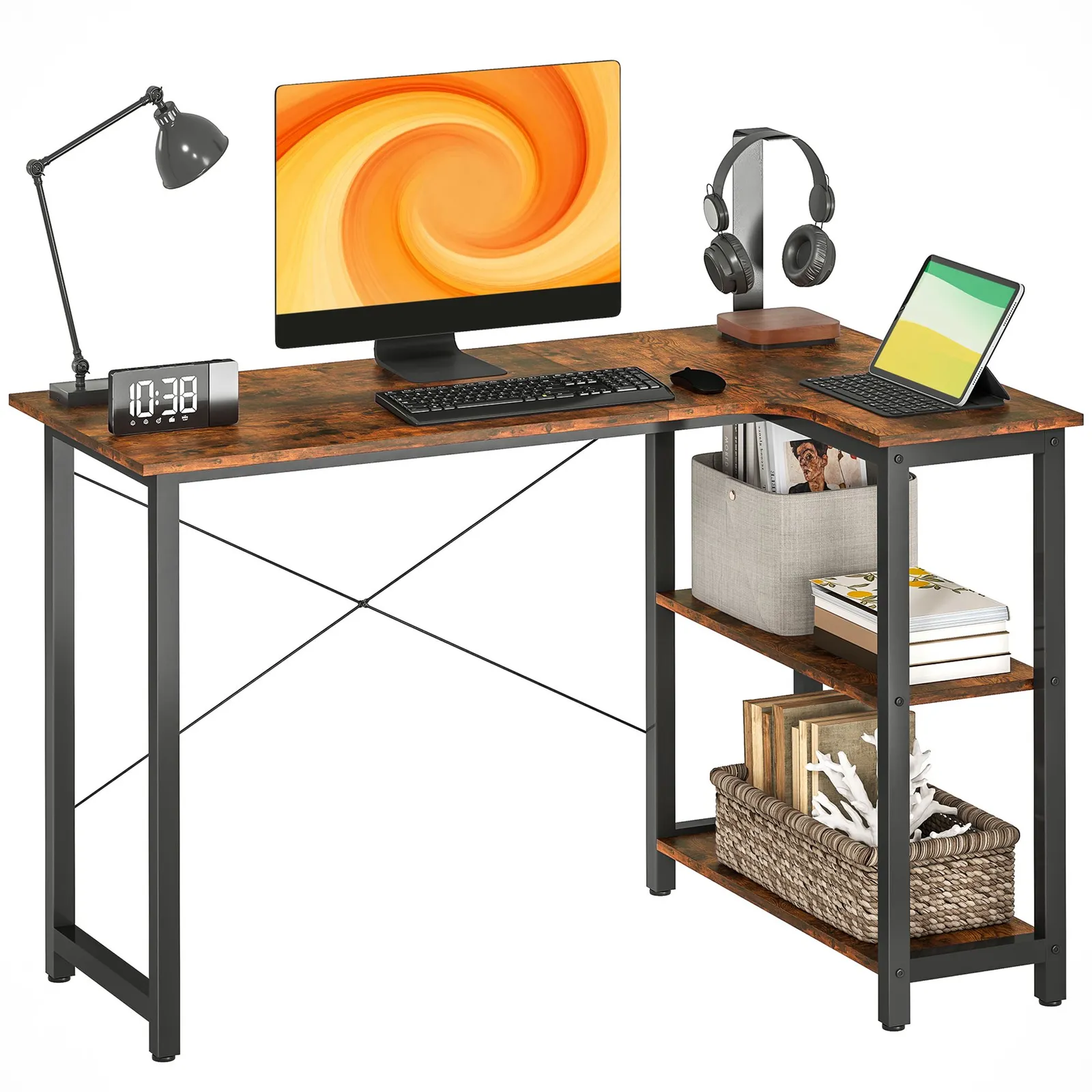 HOMCOM L-Shaped Computer Desk Study Workstation with 2 Shelves, Steel Frame in Brown 2