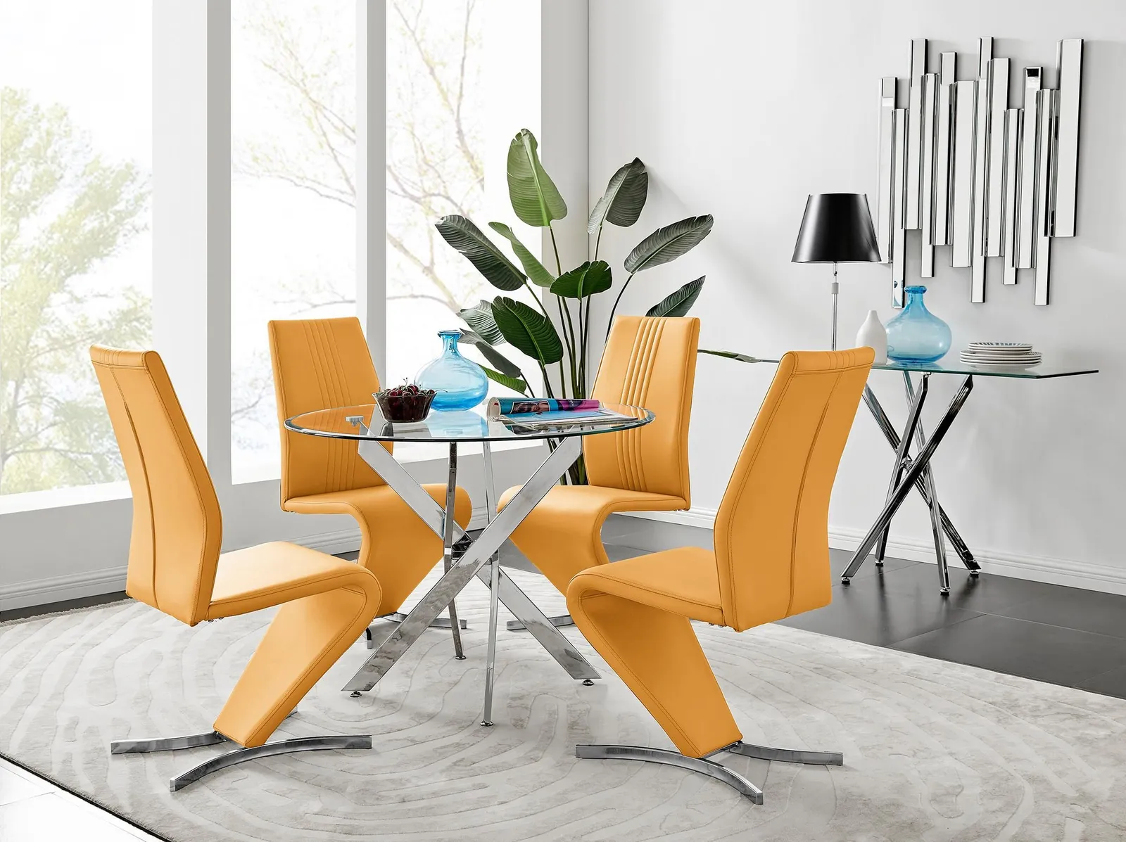 FurnitureboxUK Novara Round 100cm Chrome Metal & Glass Dining Table & 4 Willow Dining Chairs Set in Mustard 1