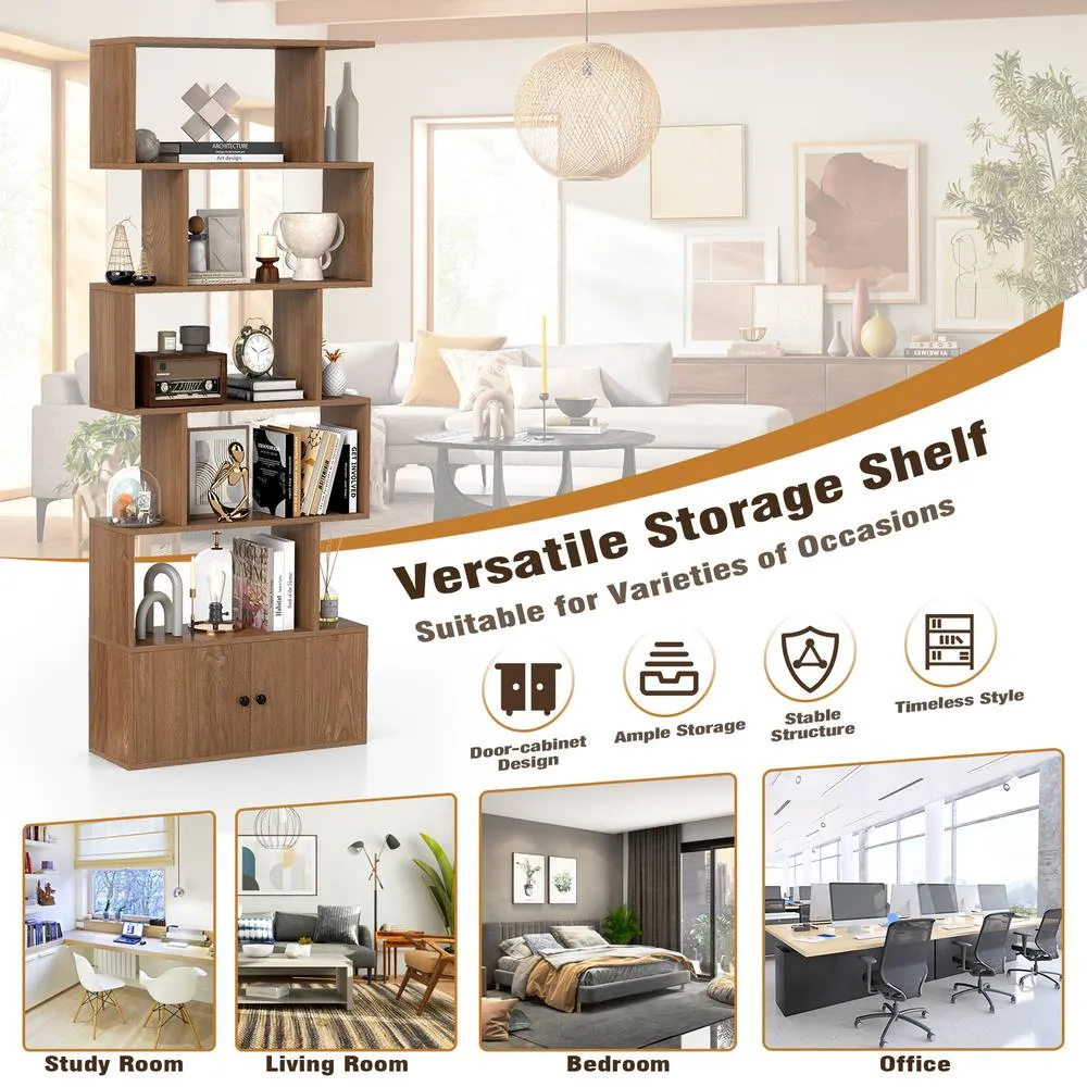 Costway 6-Tier Bookshelf w/ Cabinet S-Shaped Bookcase Shelf Storage Organizer in Natural 6