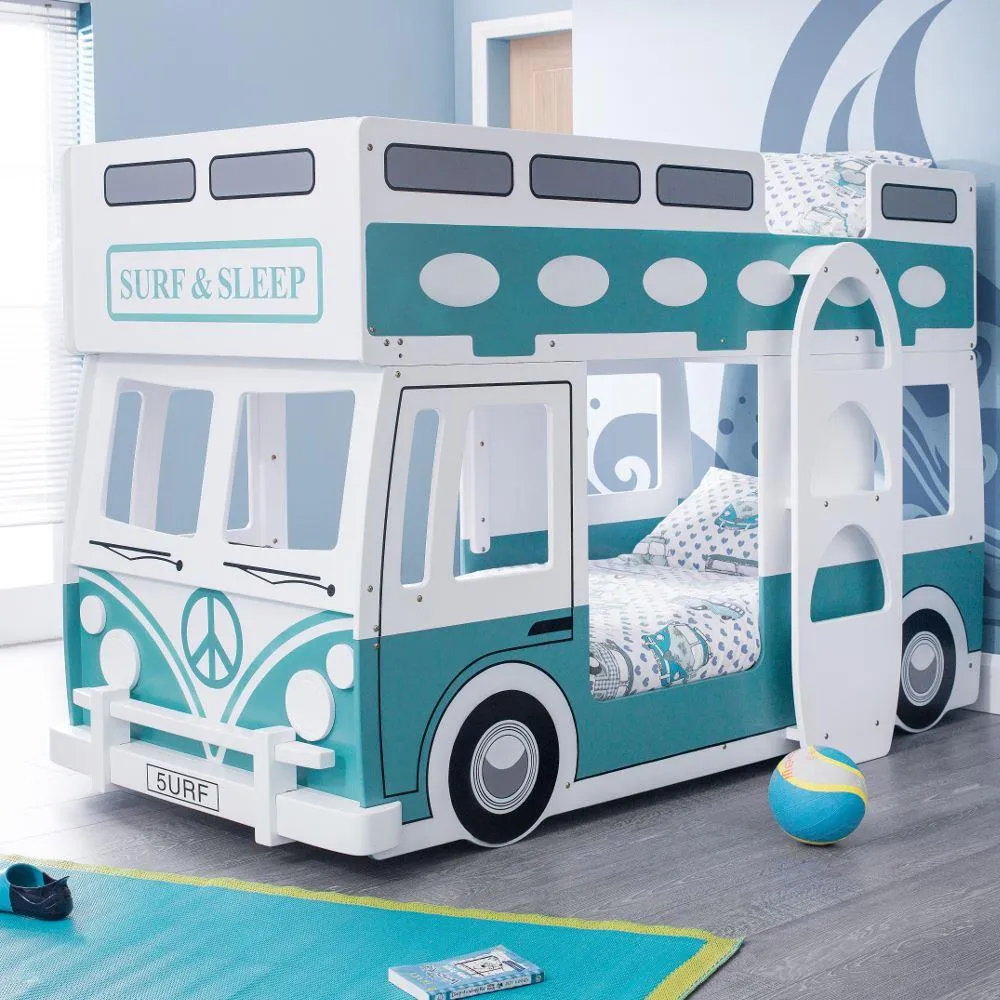 Campervan - Single - Kids Bunk Bed - White and Green - Wood - 3ft - Happy Beds 1