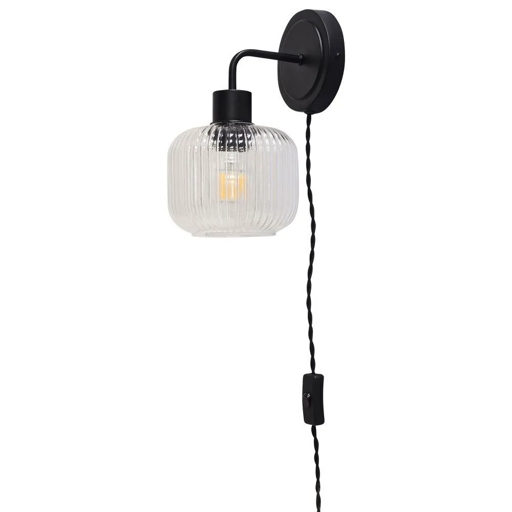 First Choice Lighting Toby - Black Plug in Wall Light with Batley Ribbed Glass Shade