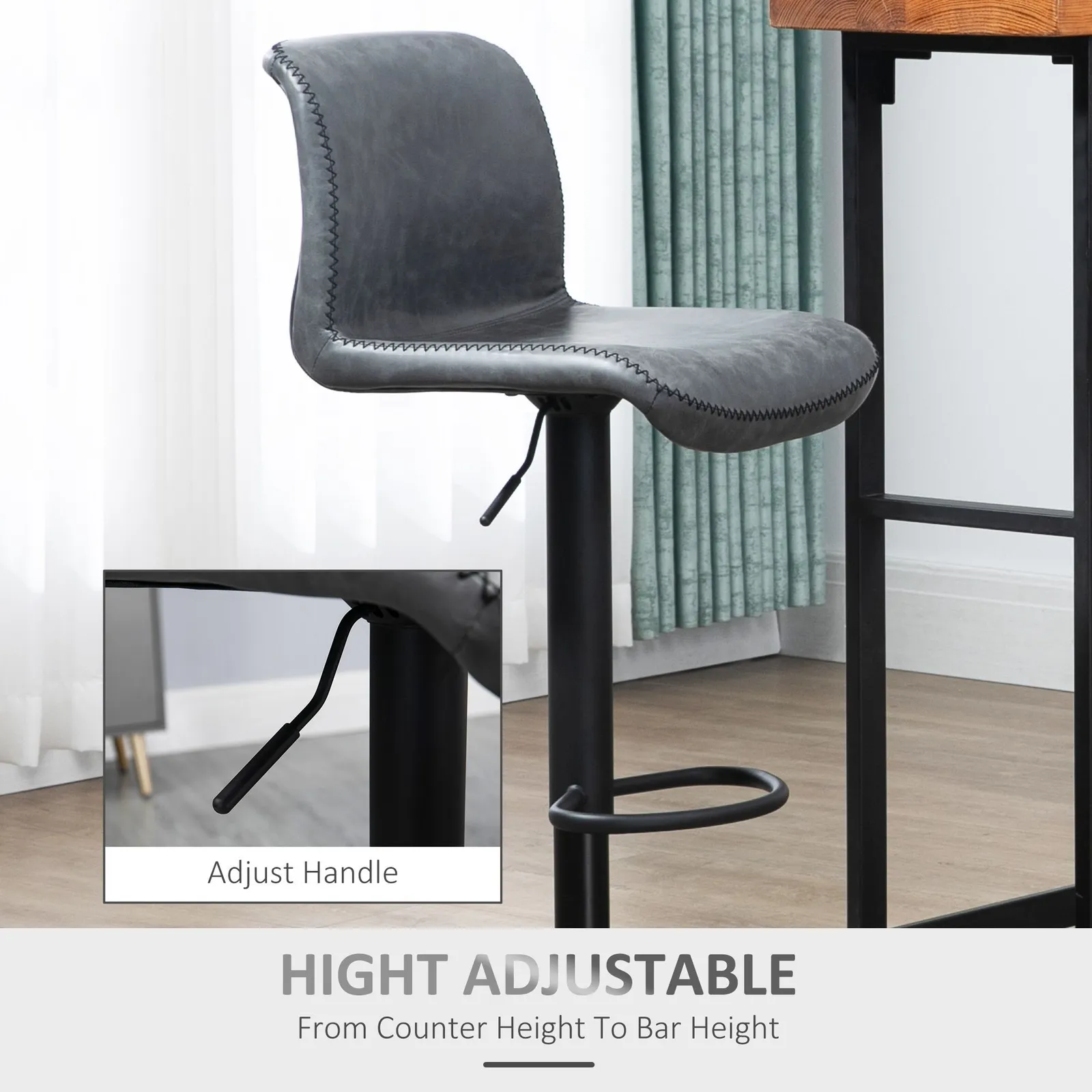 HOMCOM Barstools Set of 2 PU Leather Adjustable Height in Dark Grey 5