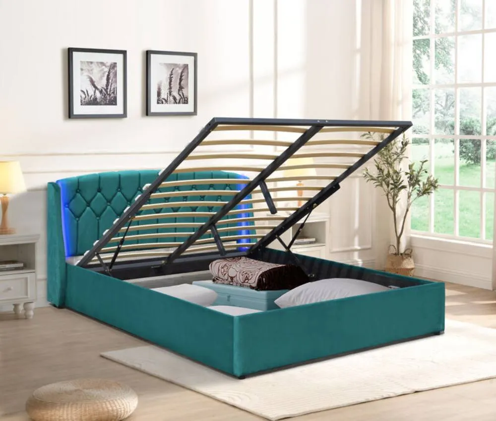 Comfy Living Ltd Fabric Gaslift Bedframe With LED Headboard Feature in Green 1