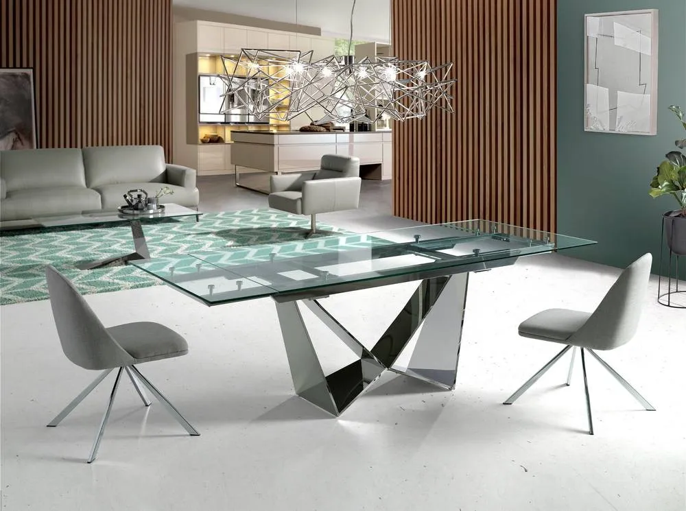 Angel Cerda Rectangular Extendable Dining Table, Tempered Glass, Chrome Legs in Silver 3