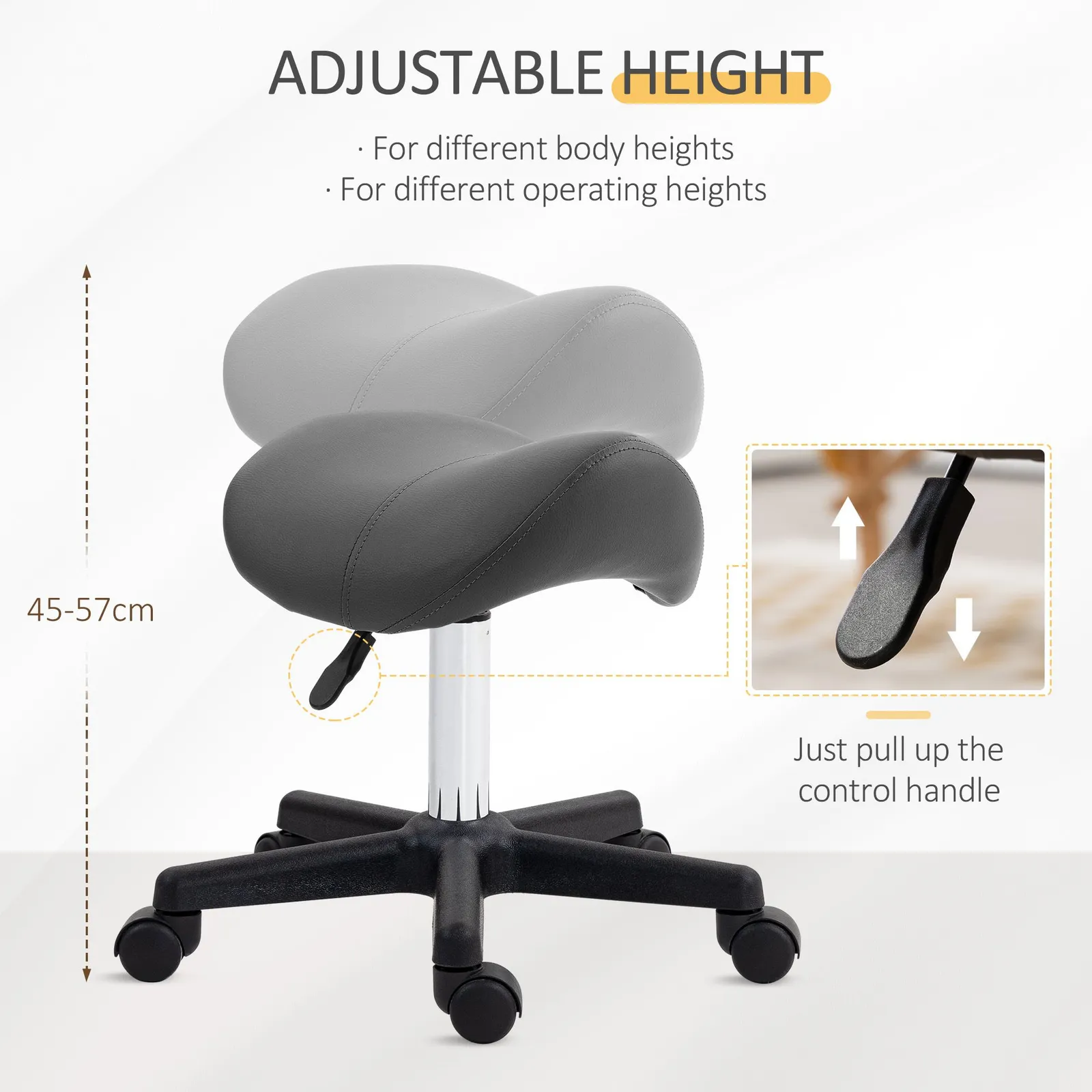 HOMCOM Saddle Stool Adjustable Rolling Salon Chair for Massage Spa Beauty in Grey 4