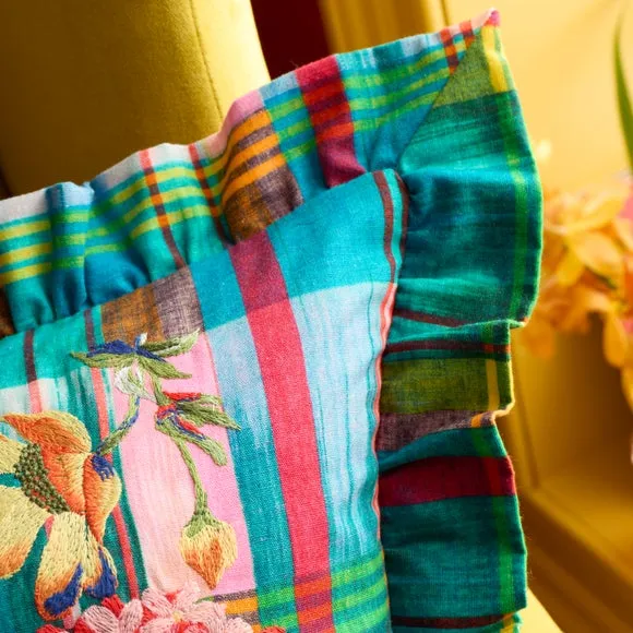 Sophie Robinson Wanderweave Ikat Frilled Cotton Square Cushion 3