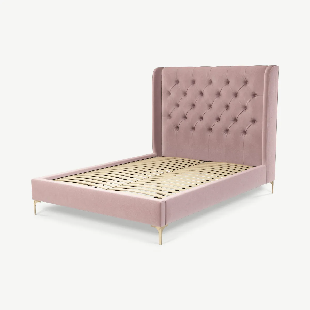 Romare Double Bed, Heather Pink Velvet with Brass Legs