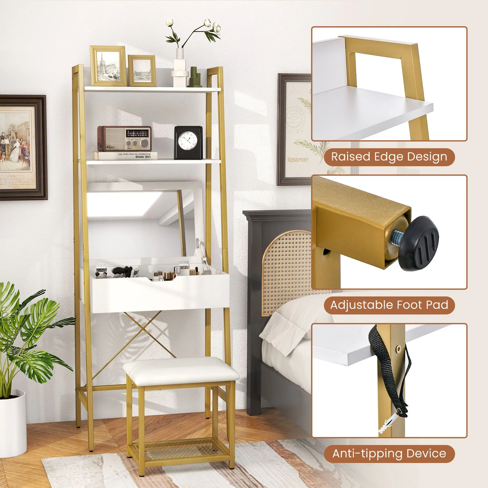 Costway 3 IN 1 Vanity Dressing Table Set Book Storage Shelf Ladder Desk Cushioned Stool in Natural 6