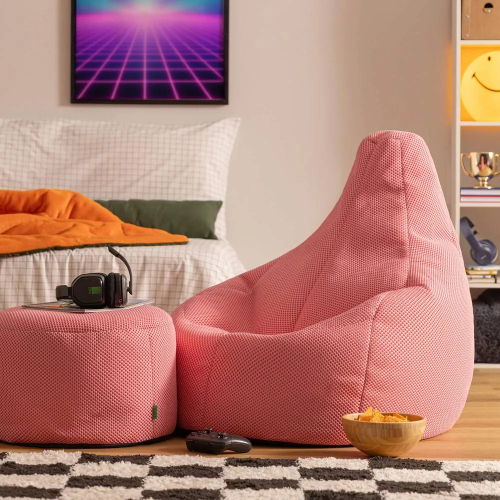 icon Performance Mesh Gaming Bean Bag Recliner & Footstool in Light Pink