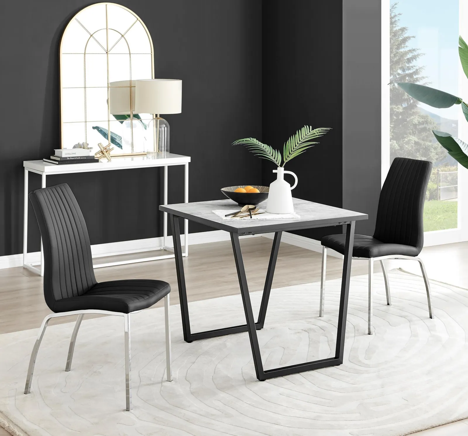 FurnitureboxUK Carson White Marble Effect Square Dining Table & 2 Faux Leather Isco Chairs in Black