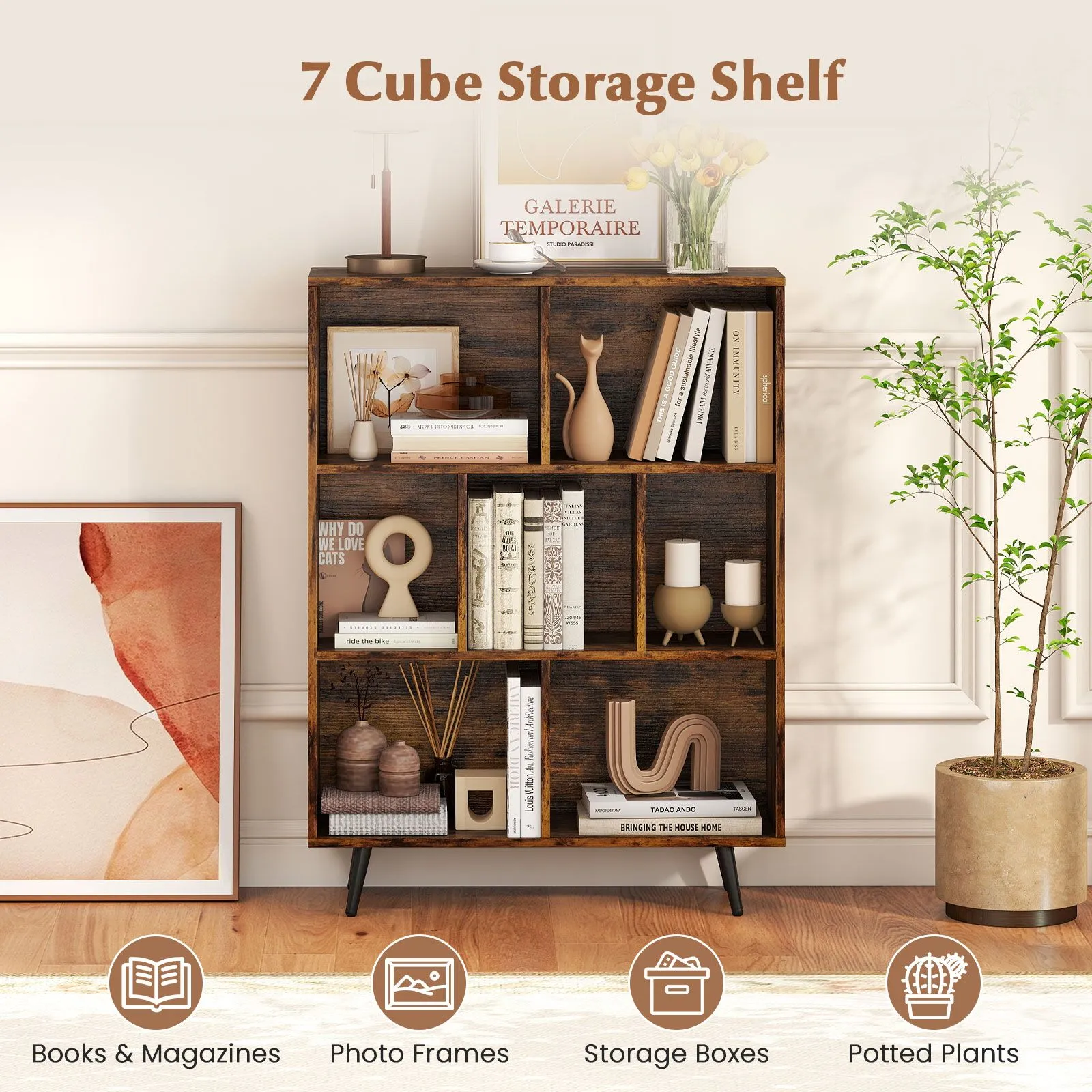 Costway 7-Cube Bookcase Mid Century Modern Storage Organizer in Brown 4