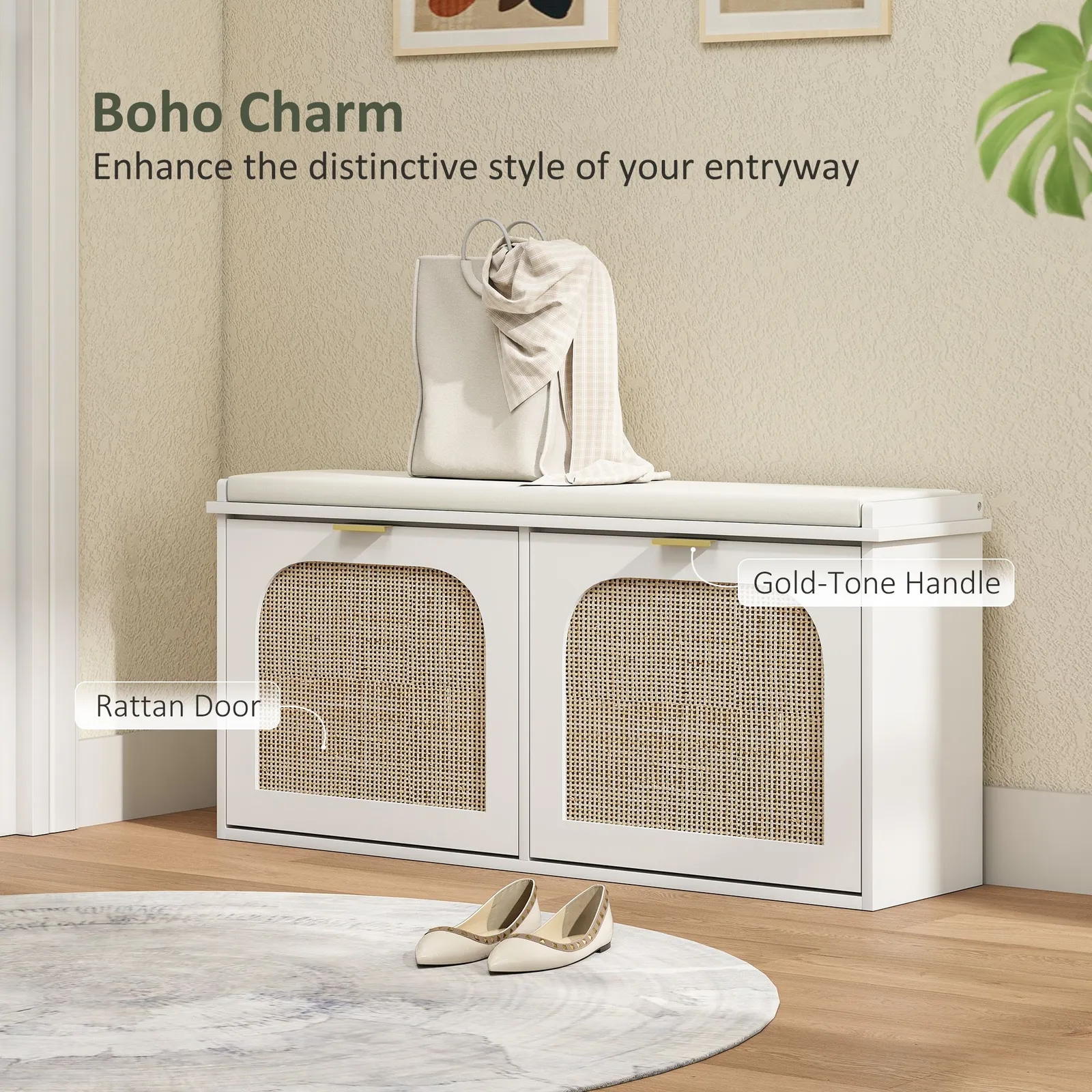 HOMCOM Boho Shoe Bench with Padded Seat & 2 Flip-Drawers in White 4
