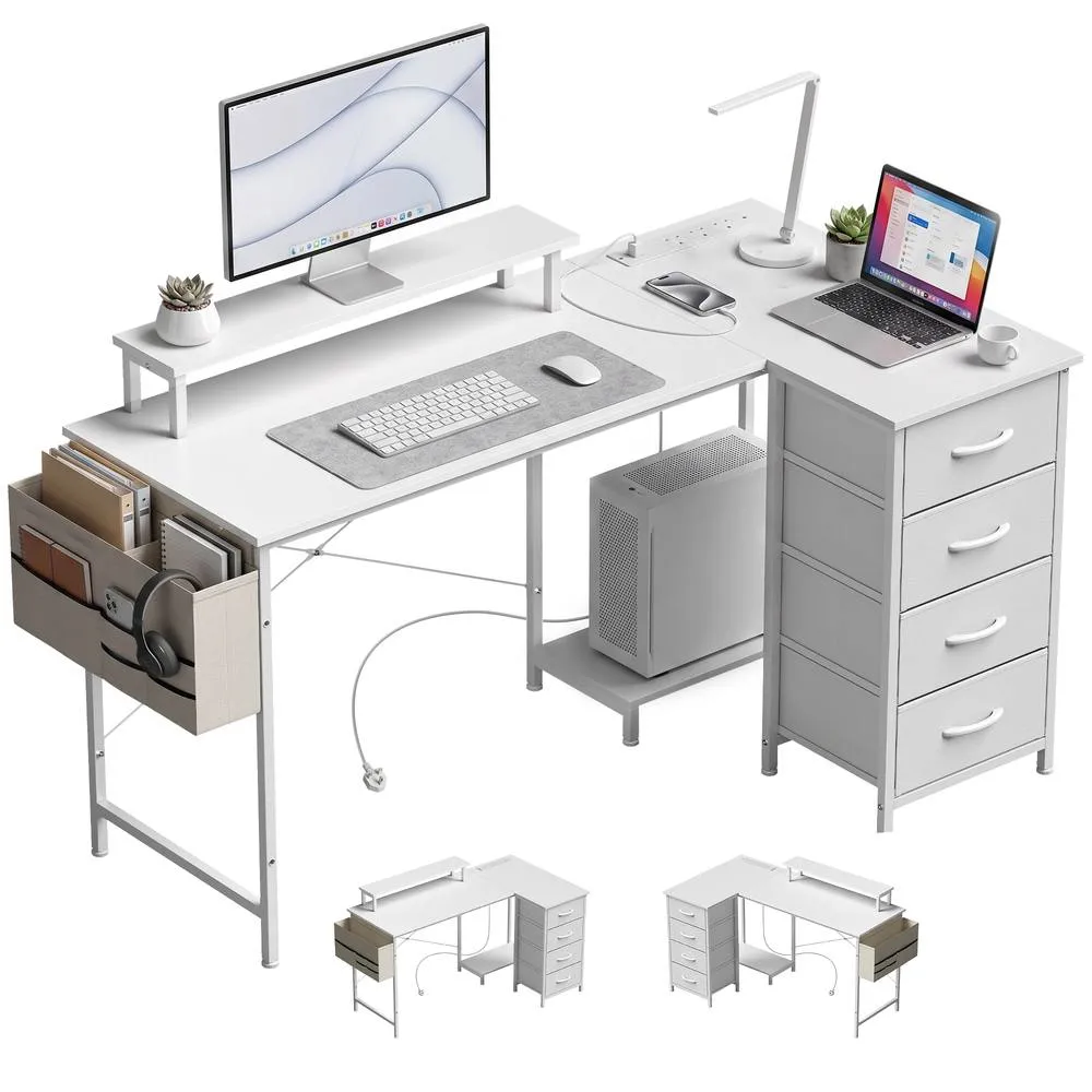 HOMCOM L Shaped Gaming Desk with Drawers Reversible USB 150 x 80 cm White