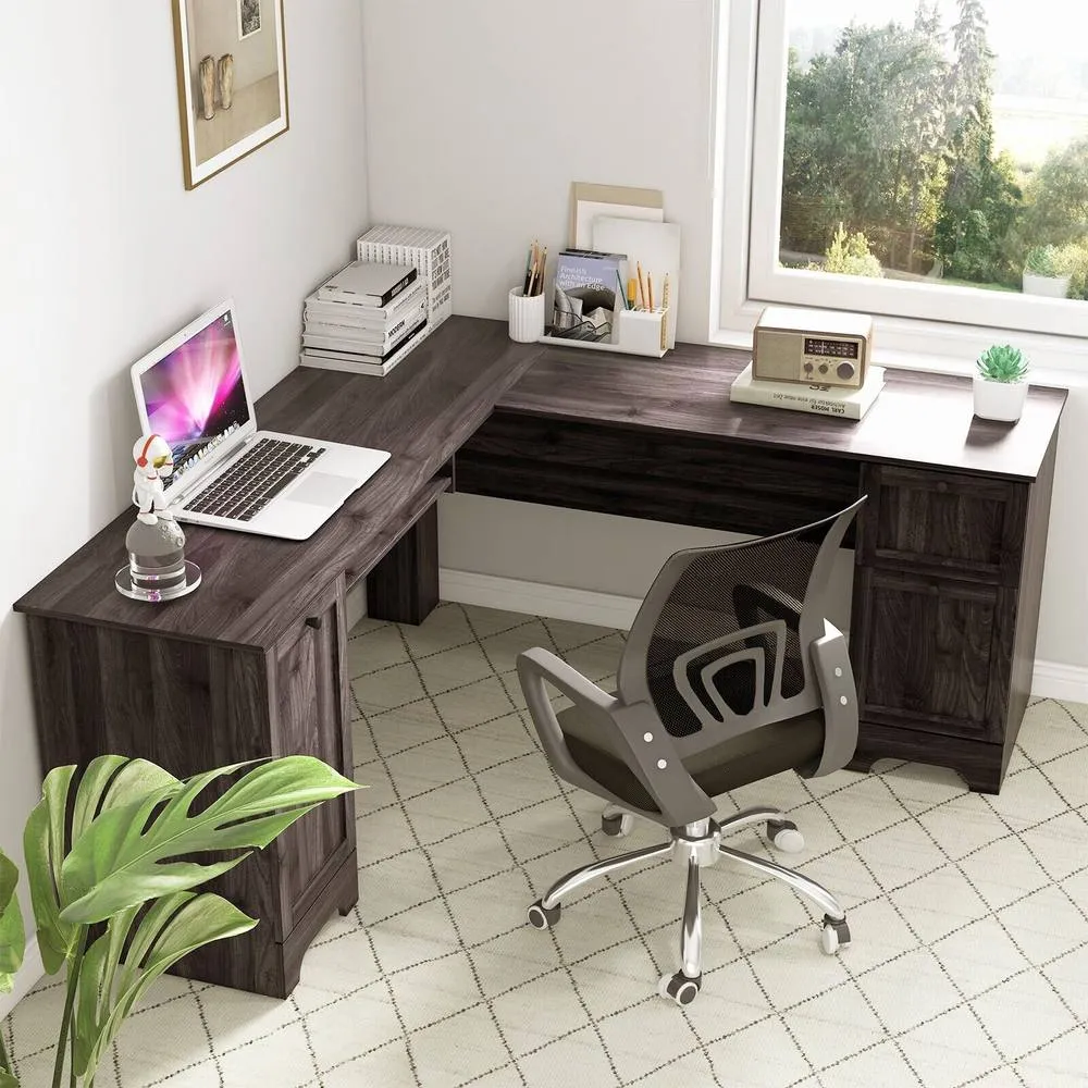 Costway L-Shaped Corner Computer Desk Study Workstation w/ Cabinet & Drawers in Dark Brown 5
