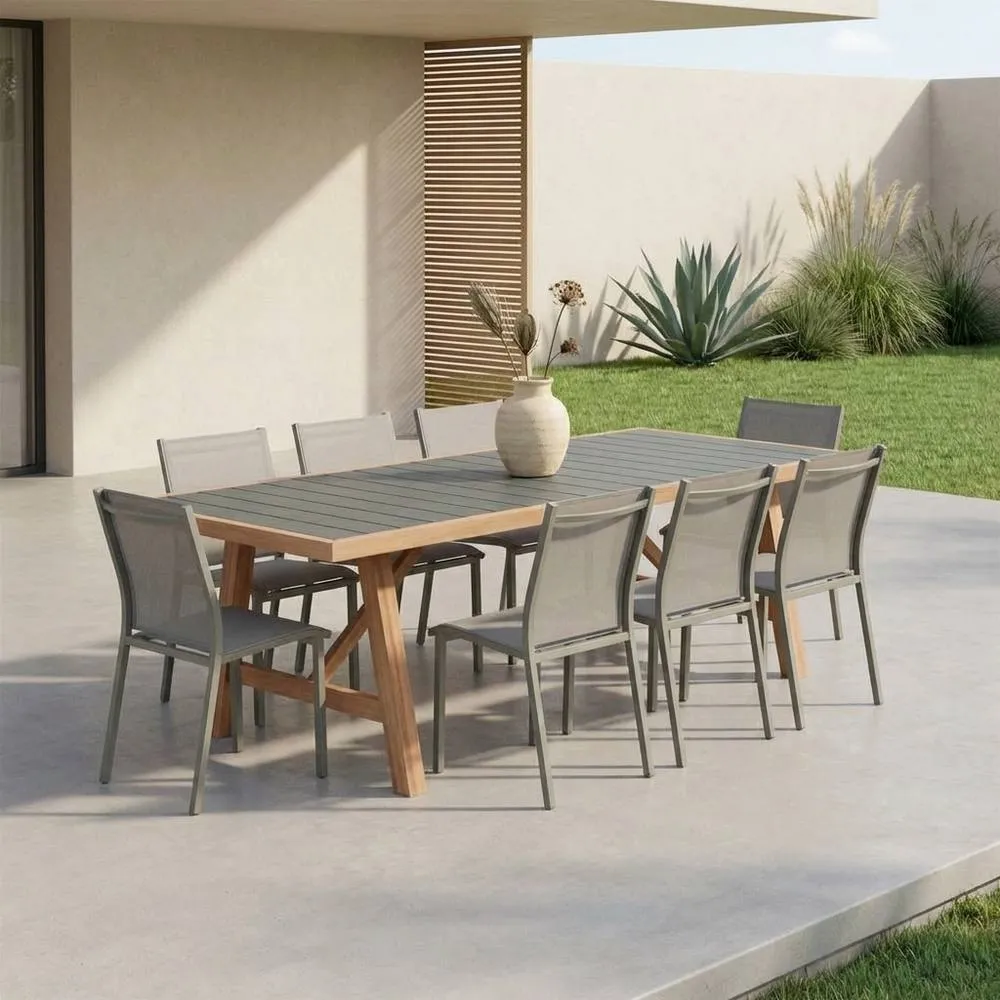 sweeek Acacia wood & aluminium garden table + 8 chairs in Khaki 1