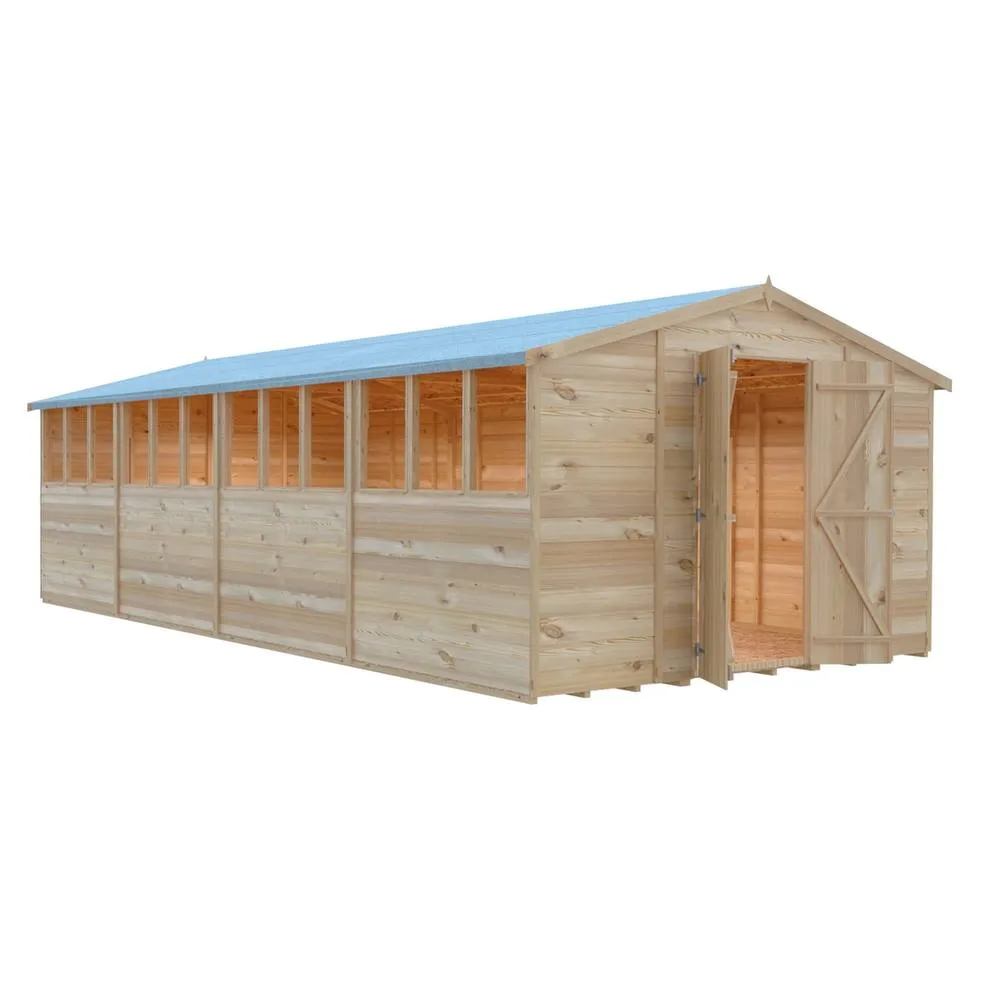 Shires Overlap 10 x 20 Feet Dip Treated Apex Shed Double Door with Windows in Brown