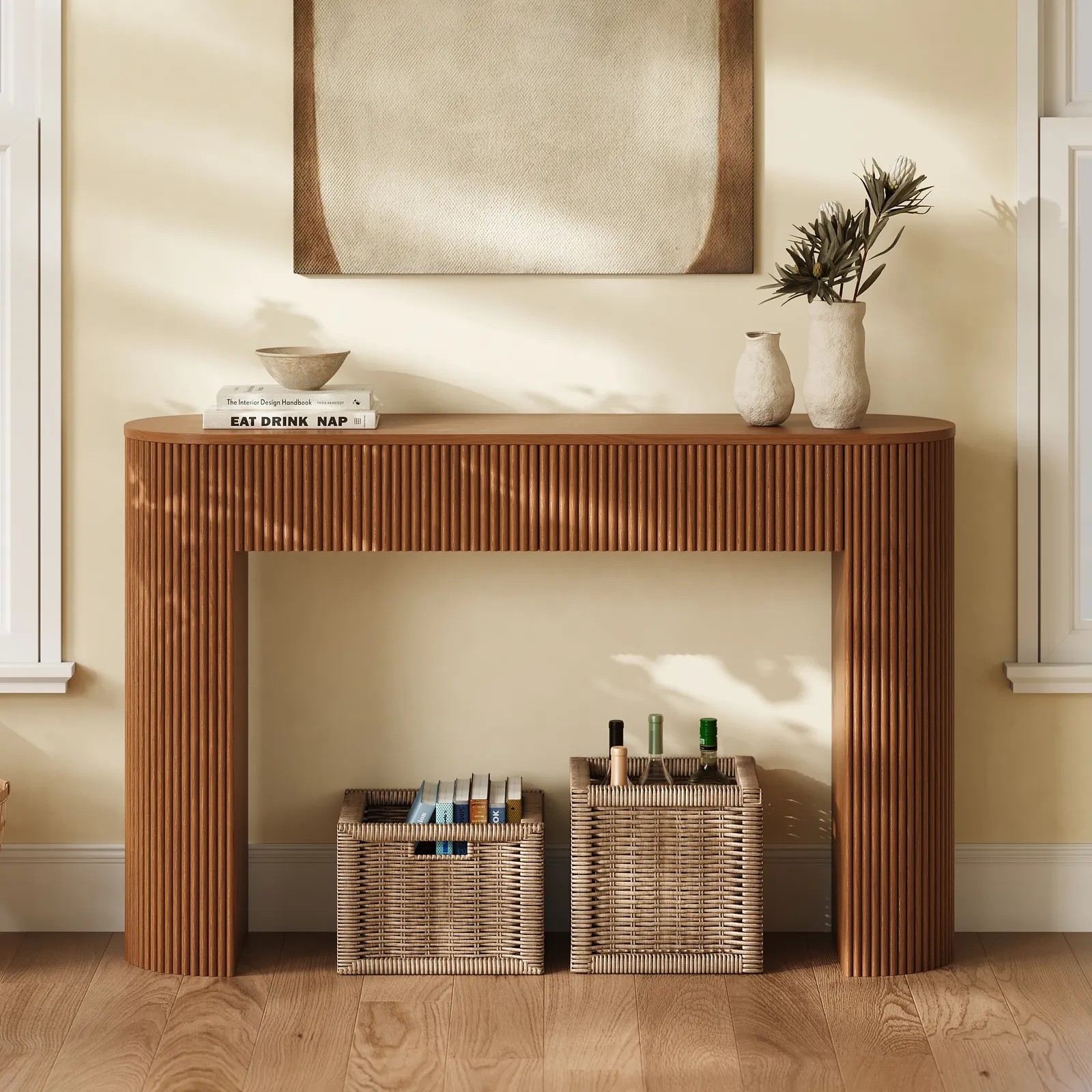 Oval Walnut Console Table with Waved Wood Top