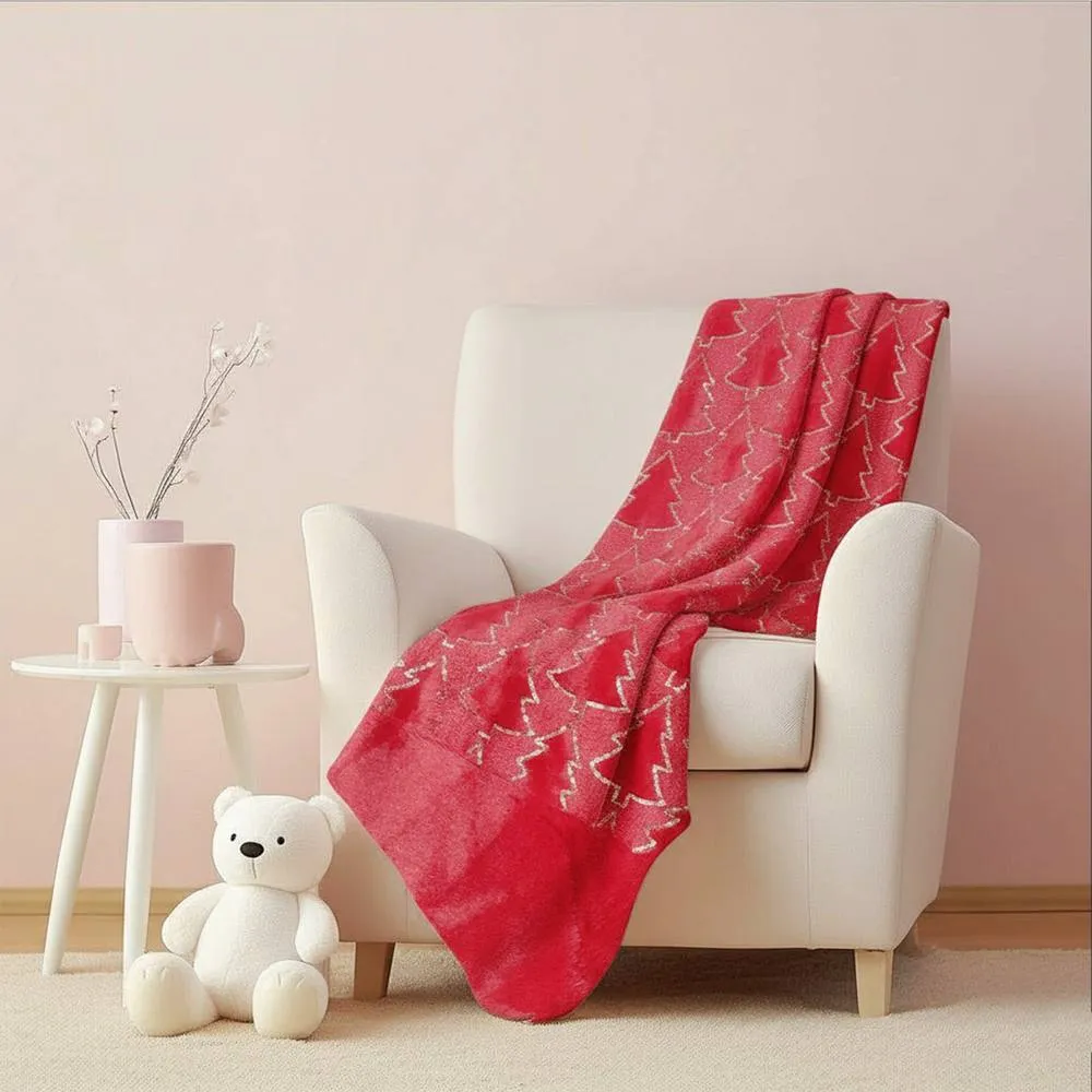 Snug City Christmas Tree Print Throw Blanket Cozy Festive Holiday Decor Gift in Red