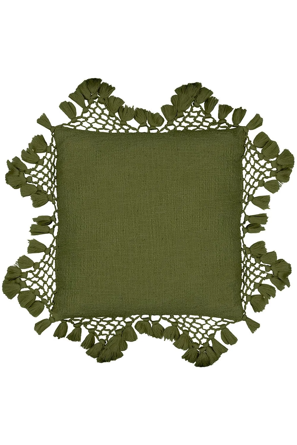 Yard Anko Slub Cotton Macrame Tassel Trimmed Cushion in Khaki 1
