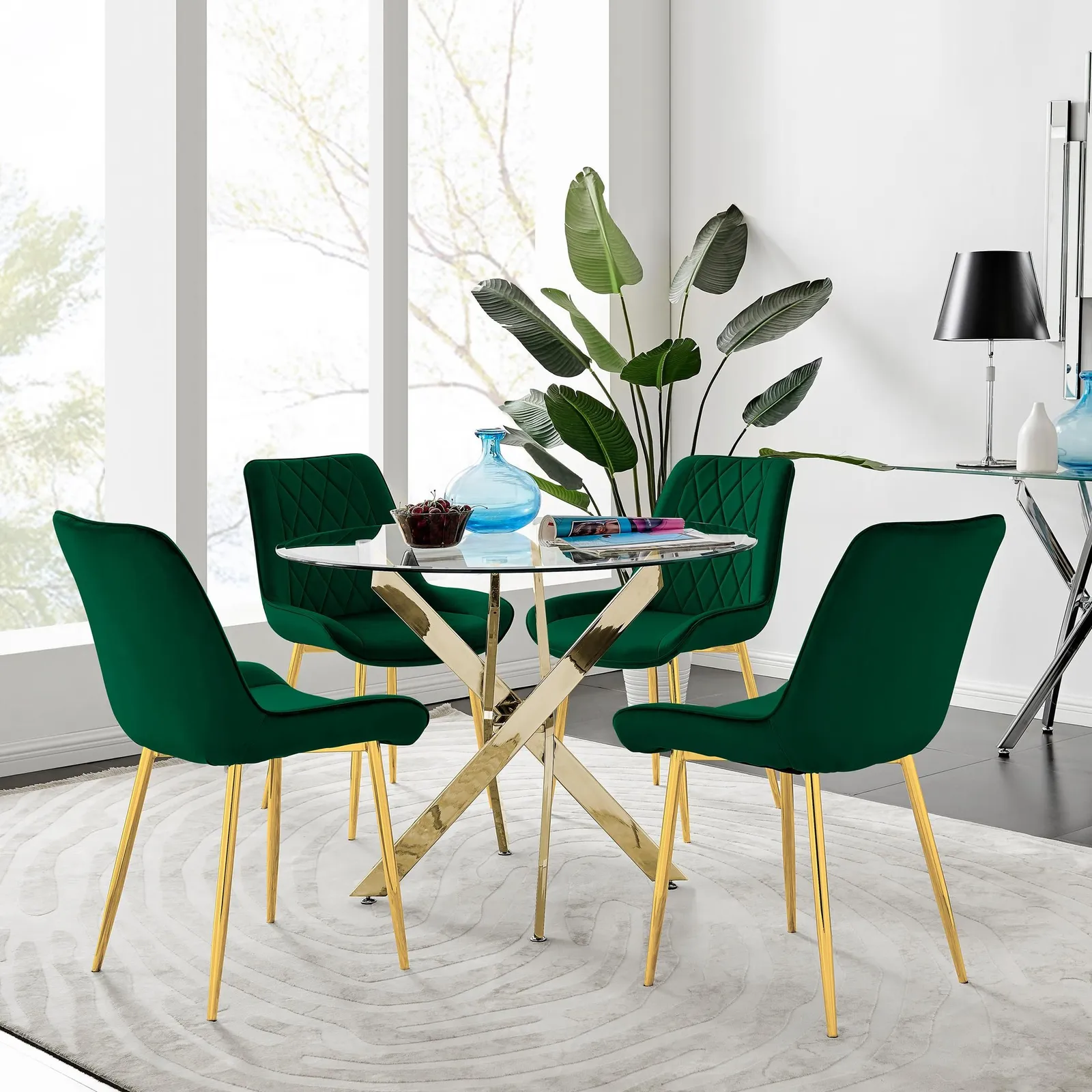 FurnitureboxUK Novara 100cm Round Tempered Glass Dining Table with Gold Legs & 4 Pesaro Velvet Chairs in Green 1