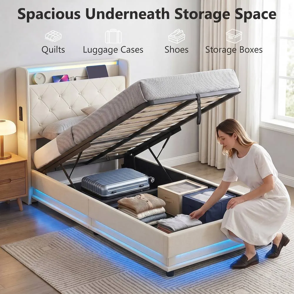 HOMCOM Lift up Storage Bed Frame with RGB LED Lights 90 x 190cm Cream White 4