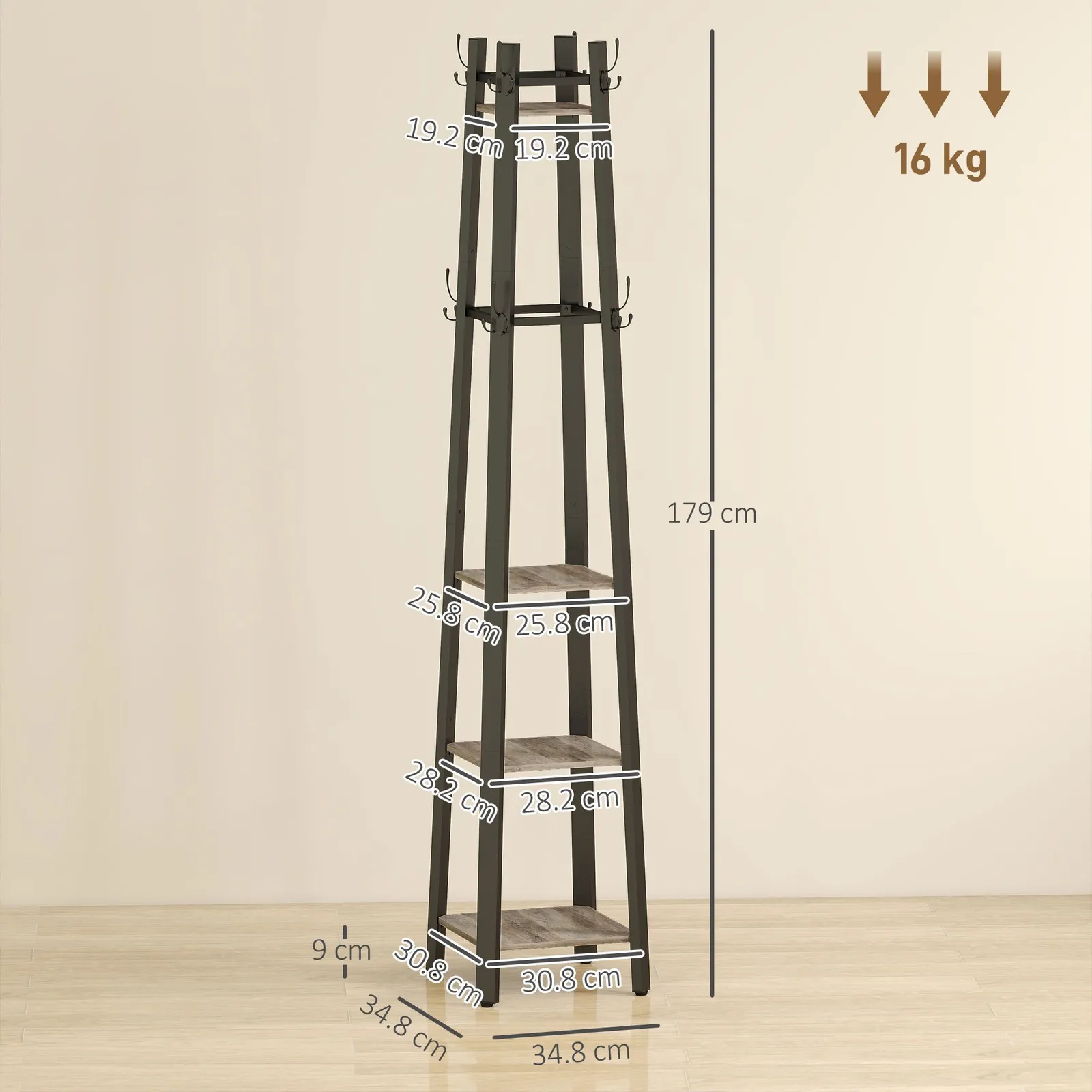 HOMCOM Industrial Coat Stand with 4 Storage Shelves & 8 Hooks in Grey 3