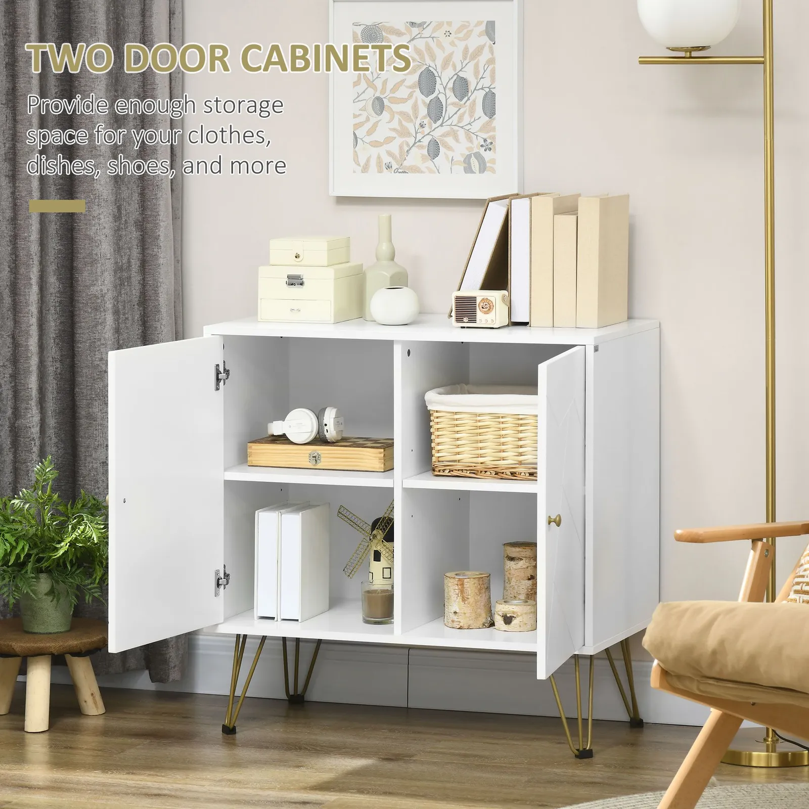 HOMCOM Modern Storage Cabinet with 2-tier Door Cupboard & Golden Hairpin in White 6