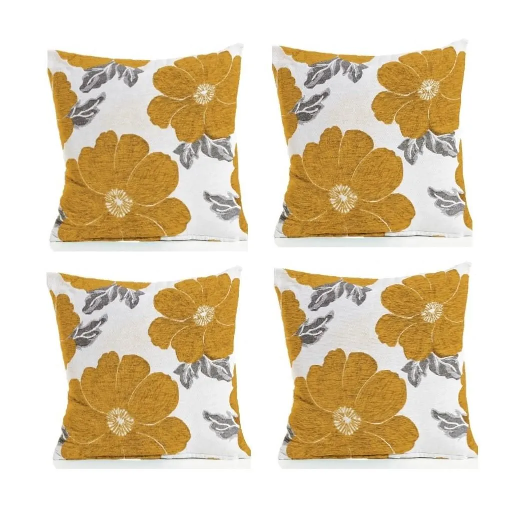 Luxury Living Poppy Chenille Cushions Set of 4 - Luxurious Floral Design, Thick Jacquard Fabric, Easy-Care with Wide Zip